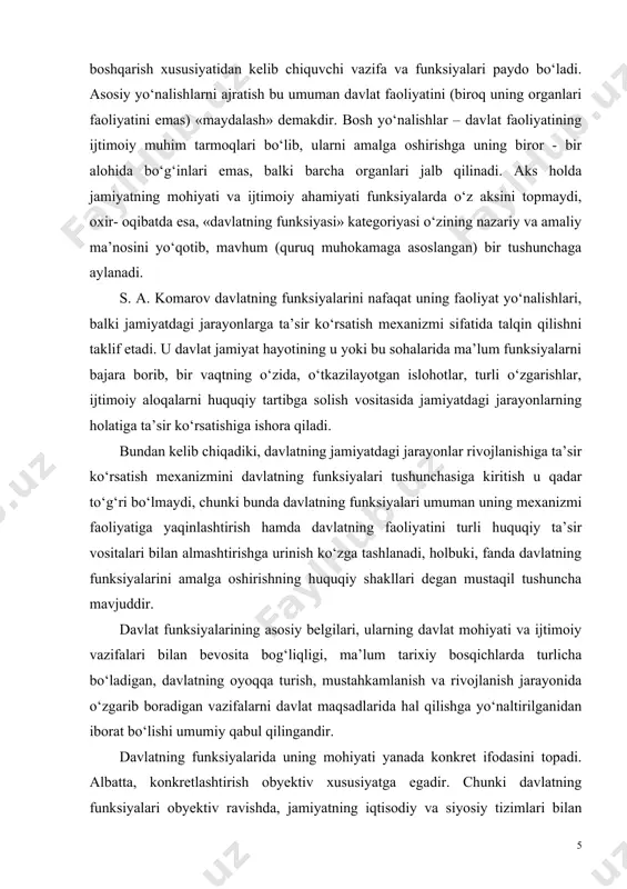 , jamiyatning iqtisodiy va siyosiy tizimlari bilan bog‘liq bo‘lgan maqsad va vazifalar hamda ulardan kelib chiquvchi ijtimoiy tabaqa, jamoa va butun xalq manfaatlarining ma’lum ta’siri ostida shakllanadi. shuning uchun davlatning funksiyalari u mavjud bo‘lgan butun tarixiy davr mobaynida doimiy ravishda xos bo‘ladi. agar hokimiyat tepasiga boshqa siyosiy kuchlar kelsa, u holda davlatning funksiyalari xam o‘zgaradi. shu bilan birga, ma’lum davrlarda ustuvor manfaatlarning o‘zgarishi ham ro‘y berishi mumkin. bu o‘z navbatida funksiyalarning ham o‘zgarishiga olib keladi. bunda birinchi o‘ringa birlamchi ahamiyatga ega bo‘lgan funksiyalar chiqishi mumkin. masalan, 2-jahon urushi davrida davlatning yalpi mudofaa funksiyasi asosiy o‘ringa chiqqan. davlatning har bir funksiyasi siyosiy – predmet ta’rifiga ega bo‘ladi. chunki uning mazmuni, faoliyat predmeti nimadan iborat ekani, u yoki bu maqsadlarga erishish yo‘lida qanday vositalar qo‘llanishini ko‘rsatadi. albatta, davlat taraqqiyotining alohida bosqichlarida funksiyalarning mazmuni ham o‘zgarmay qolmaydi. davlat tarzida uyushgan jamiyat hayotining turli sohalaridagi inqiloblar, radikal iqtisodiy-ijtimoiy o‘zgarishlar davrida funksiyalar turlicha ko‘rinishga ega …