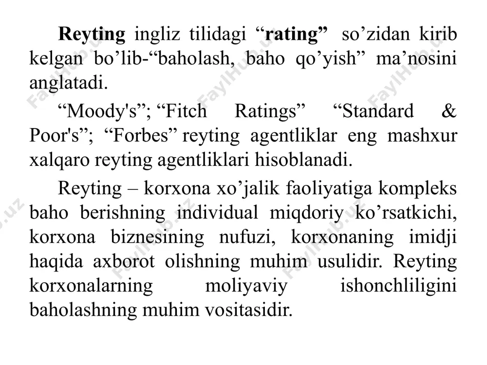 siga axamiyat qaratish zarur. masalan savdo korxonasida ish aktivligini baholashda tovar oborot ko’rsatkichi, xizmat ko’rsatuvchi bo’g’in uchun rentabellik ko’rsatkichi muhimligi kabi. 4. tanlangan usullar asosida reyting baholashni amalga oshirish. reyting baholashning quyidagi turlarini tarkiblash mumkin. korxona tarkibiga kiruvchi bo’limlar, filiallar reytingi; tarmoq va soha bo’yicha reyting; xudud bo’yicha korxonalar reytingi; davlat bo’yicha barcha korxonalar reytingi; dunyo bo’yicha korxonalar reytingi. faoliya turlarining farqlanishi bo’yicha moliyaviy holatning quyidagi turlari tarkiblanadi. -korxonalar reytingi; -banklar reytingi; -sug’urta kompaniyalar reytingi; -auditorlik kompaniyalari reytingi; -aktsionerlik jamiyatlari reytingi va h.k. toifasi reyting bahosi ishonchlilik darajasi % dan % gacha a aaa 1 - yuqori daraja 85% 100% aa 2 - yuqori daraja 75% 85% a 3 - yuqori daraja 65% 75% b bbb 1 - o‘rta daraja 55% 65% bb 2 - o‘rta daraja 40% 55% b 3 - o‘rta daraja 35% 40% c ccc 1 - qoniqarli daraja 30% 35% cc 2 - qoniqarli daraja 25% …