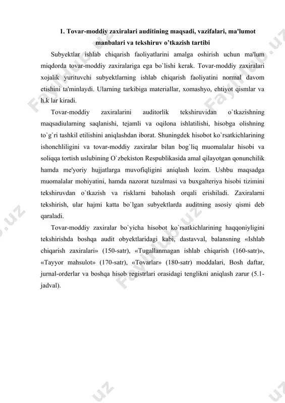 lari ko`rsatkichlar nomi schyotlar raqami moliyaviy hisobot shakllaridagi ko`rsatkichlar 1- shakl 4- shakl satr raqami satr raqami 1 2 3 4 tovar-moddiy zaxiralari (satr. 150+160+170+180), jumladan: 140 ishlab chiqarish zaxiralari 1000, 1100, 1500, 1600 150 tugallanmagan ishlab chiqarish 2000, 2100, 2300, 2700 160 tayyor mahsulot 2800 170 tovarlar (2900 dan 2980 ning ayirmasi) 180 material, ish, xizmatlar uchun mol yetkazib beruvchilarga to`lanadigan pul mablag`lari 020 shu bilan birga, sintetik va analitik hisob ma'lumottlarining muvofiqligiga ishonch hosil qilish muhimdir. moddiy qiymatliklarni ishlab chiqarish xarajatlariga olib borish va ularning baholarini tekshirish, ishlab chiqarishga sarflash me'yorlari va boshqalarni tekshirish zarur. mol yetkazib beruvchilar va pudratchilarga da'vo qo`zg`atishning o`z vaqtidaligi va to`g`riligi hamda yo`ldagi (subyektga yetib kelmagan) materiallar qoldig`ining haqqoniyligini ham tekshirish kerak. yo`ldagi moddiy qiymatliklarni tekshirishning vazifalari: yo`ldagi moddiy qiymatliklar sifatida hisobda turgan har bir jo`natishning asosliligini aniqlash, yuklarni yetkazib berishi muddatlarining o`tib ketmaganligini aniqlash, xojalik tomonidan yuklarni qidiruv choralarining ko`rilishini aniqlash, bosh …