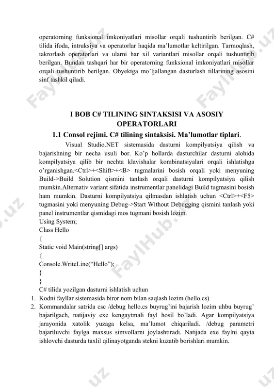 nsole application). ushbu loyihamiz- ning nomini masalan “1-misol” deb nomlaymiz. bizga c# kodini yozish uchun yangi oyna ochiladi. consolconsol rejimida ishlash uchun .net da console sinfi ishlatiladi. bu sinfning afzalligi 2 ta qismdan iborat bo’lib: uning barcha metodlari o’zgarmas, sanoqli bo’lib, uni ishlatish uchun nusxalash shart emas. u kiritish, chiqarish va xatoliklarni chiqarishni o’z ichiga oladi. odatda kiritish, chiqarish standart consol-da amalga oshiriladi (agar u bo’lmasa, masalan oynali masalalarda chiqarish amalga oshirilmaydi), lekin kiritish va chiqarish oqimlarini o’zgartirish mumkin. consol bilan ishlashda asosan 4 metod ishlatiladi: read, readline, write, writeline, birinchi ikkitasi kiritish, qolgani chiqarish metodlari hisoblanadi. read metodi. read metodi kiritish qurilmalaridan belgini qabul qiladi. u int tipida kiritilgan belgi kodini qaytaradi va hech narsa kiritilmagan bo’lsa, -1 ni qaytaradi. masalan: int i = console.read(); console.writeline(i) ; bu dastur kiritilgan belgi kodini ekranga chiqarib beradi. readline metodi. readline metodi kiritish qurilmalaridan matnning satrini qabul qiladi (uning qiymati keyingi satrga …