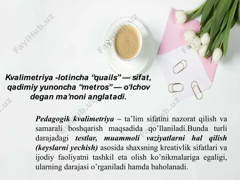 jjatlarida belgilangan tartibda hududiy xalq ta’limi boshqaruvi organlari va nodavlat notijorat tashkilotlar hamkorligida amalga oshiriladi; milliy va xalqaro darajada baholash — hukumatning tegishli qarori hamda xalqaro shartnomalar asosida xalq ta’limi boshqaruvi organlari, nodavlat notijorat tashkilotlar va xalqaro tashkilotlar hamkorligida amalga oshiriladi. pedagogik kvalimetriya quyidagi maqsadlarga erishish yo‘lini belgilaydi: 1) dunyoda sodir bo‘layotgan g‘oyaviy-siyosiy o‘zgarishlar, jahonning rivojlangan mamlakatlari ta’lim muassasalarida qo‘lga kiritilgan yutuqlar, jamiyat hayotidagi ma’naviy-ma’rifiy yangilanishlarni e’tiborga olgan holda ta’lim-tarbiya jarayonining zamon talablariga mos tashkil etilishini nazorat qilish imkonini beradigan me’yoriy talablarni ishlab chiqish; 2) ta’lim-tarbiya jarayonining huquqiy-me’yoriy hujjatlarini yaratish bosqichida davlat va ijtimoiy buyurtmalarga asoslangan dts, pedagog kadrlarga qo‘yiladigan malakaviy talablar asosida namunaviy o‘quv rejalari, uzluksiz ta’lim tizimida joriy etilgan modernizatsiyalashtirilgan va uzviylashtirilgan namunaviy dasturlar, o‘quv kurslarining moddiy-texnik, o‘quv-metodik ta’minotining maqsadga muvofiqligini nazorat qilish va sifatini baholash yo‘llarini ishlab chiqish; 3) ta’lim muassasalarida ta’lim-tarbiya jarayoni, o‘quv va pedagogik amaliyotning sifatini nazorat qilish va baholash me’yorlarini shakllantirish; 4) ta’lim muassasalari …