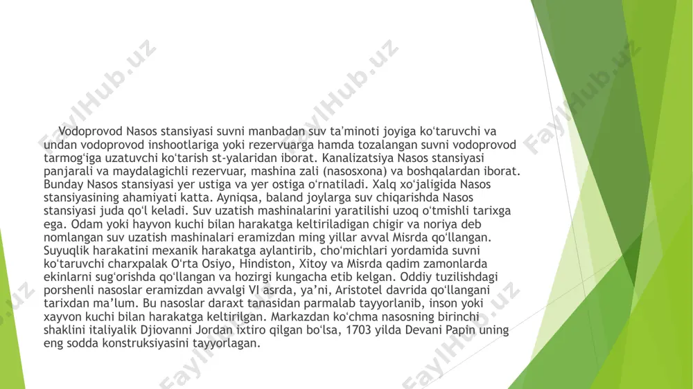 vlarni chiqarib tashlash uchun qadim zamonlardan odamlar suvni har xil usullar bilan yuqoriga ko‘targanlar. eramizdan avvalgi 3 minginchi yillarda ham oddiy suv ko‘tarish inshootlari bo‘lganligi haqida ma’lumotlar bor. masalan, nil daryosining suv sathi tushib kyetganda misrliklar idishlarda bir - biriga uzatib suvni yuqoriga ko‘targanlar. keyinchalik ular har xil suv ko‘tarish g‘ildiraklari va arximed vintidan foydalanganlar. ix asrdan boshlab xitoy, hindiston, misr va markaziy osiyo davlatlarida suvni yuqoriga ko‘tarish uchun uy hayvonlari yoki odam kuchi bilan harakatga kyeltiriluvchi moslama - chig‘irlar va oqar suv yordamida harakatga kyeluvchi charxpalaklardan foydalanganlar. suv ko‘tarish uchun birinchi porshenli nasoslar xii asrda novgorod shahrida yaratilgan. 1519 yili, pskov kremlini, 1631 yili esa moskva kremlini suv bilan ta’minlash uchun suv minoralariga suv uzatuvchi porshenli nasos stansiyalari qurilgan. porshenli nasoslardan so‘ng, unumdorligi katta bo‘lgan markazdan qochma va o‘qli nasoslarning yaratilishi, suvni yuqoriga ko‘tarish ishlarini jadallashtirib yubordi. markaziy osiyoda keng qo‘llanilgan chig‘irlar o‘rniga zamonaviy nasos stansiyalari qurila boshlanadi. qurg‘oqchil …