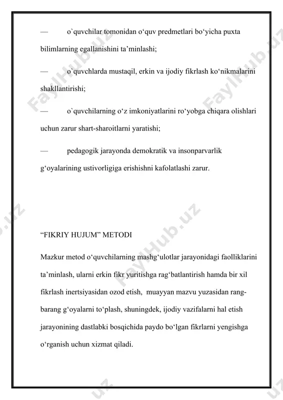 hlarda tashkil etiladi: 1-bosqich: ruhiy jihatdan bir-biriga yaqin bo‘lgan o‘quvchilarni o‘zida biriktirilgan hamda son jihatdan teng bo‘lgan kichik guruhlarni shakllantirish; 2-bosqich: guruhlarga hal etish uchun topshirilgan vazifa yoki topshiriqlar mohiyatidan kelib chiqadigan maqsadlarni aniqlash; 3-bosqich: guruhlar tomonidan muayyan g‘oyalarning ishlab chiqilishi (topshiriqlar hal etilishi); 4-bosqich: topshiriqlarning yechimlarini muhokama etish, ularni to‘g‘ri hal etilganligiga ko‘ra turkumlarga ajratish; 5-bosqich: topshiriqlarning yechimlarini qayta turkumlashtirish, ya’ni ularning to‘g‘riligi, yechimni topish uchun sarflangan vaqt, yechimlarning aniq va ravshan bayoni etilishi kabi mezonlar asosida baholash; 6-bosqich: dastlabki bosqichlarda topshiriqlarning yechimlari yuzasidan bildirilgan muayyan tanqidiy mulohazalarni muhokama etish hamda ular borasida yagona xulosaga kelish. metodni qo‘llash jarayonida quyidagi holatlar yuzaga keladi: — o‘quvchilar tomonidan muayyan nazariy bilimlarning puxta o‘zlashtirilishiga erishish; — vaqtni iqtisod qilish; — har bir o‘quvchini faollikka undash; — ularda erkin fikrlash layoqatini shakllantirish. “6x6x6” metodi “6x6x6” metodi yordamida bir vaqtning o‘zida 36 nafar o‘quvchini muayyan faoliyatga jalb etish orqali ma’lum topshiriq yoki masalani hal …