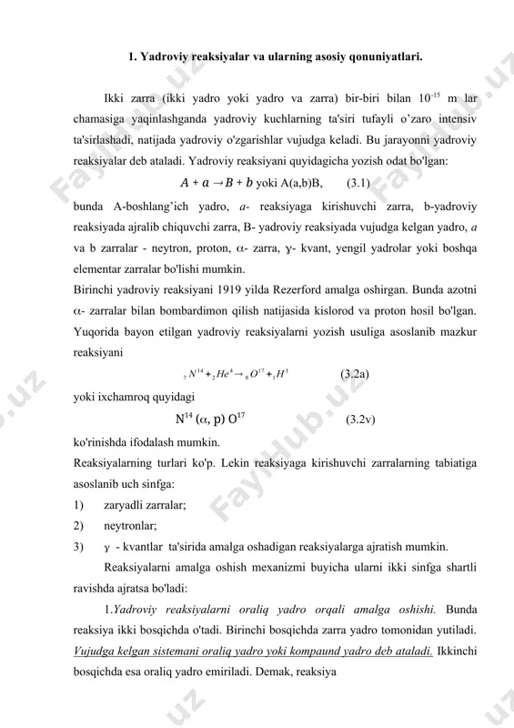 . reaksiyalarni amalga oshish mexanizmi buyicha ularni ikki sinfga shartli ravishda ajratsa bo'ladi: 1.yadroviy reaksiyalarni oraliq yadro orqali amalga oshishi. bunda reaksiya ikki bosqichda o'tadi. birinchi bosqichda zarra yadro tomonidan yutiladi. vujudga kelgan sistemani oraliq yadro yoki kompaund yadro deb ataladi. ikkinchi bosqichda esa oraliq yadro emiriladi. demak, reaksiya а + а ( с*( в + b sxema bo’yicha amalga oshadi. c* yadroning (bundagi yulduzcha yadroning uyg’ongan holatini ifodalaydi) yashash davomiyligi ancha katta taxminan (10-14 dan 10-15) s bo'ladi. yadro fizikasida yadroviy vaqt tushunchasidan foydalanish odat bo’lgan. yadroviy vaqt deganda energiyasi 1 mev bo'lgan nuklon (v ~ 107 m/s ga moc keladi) yadroning diametriga (~ 10-14 m) teng masofani bosib o'tishi uchun ketgan vaqt (ya = 10-14m / 107m/s = 10-21s tushuniladi. demak, oraliq yadroning yashash davomiyligi yadroviy vaqtdan 106 dan 107 martagacha katta. 2. zarrani yadro bilan bevosita o'zaro ta'sirlashuvi tufayli amalga oshadigan reaksiyalar. misol tariqasida deyton (h2) ni …