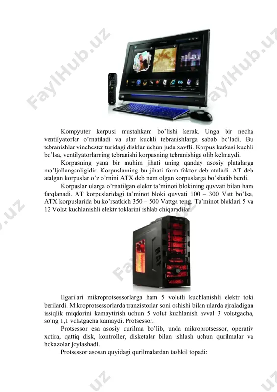 va ma’lumotlarni doimo saqlaydi. elektron sxemalar (yoki kontrollerlar) kompyuterga kiruvchi (monitor, klaviatura va hokazolar) turli qurilmalar ishini boshqaradi. kiritish ­chiqarish porti orqali protsessor bilan ma’lumot almashadi. ichki qurilmalar bilan ma’lumot almashuvi uchun maxsus portlar, hamda umumiy portlar mavjud. umumiy portlarga printer, "sichqoncha" ulanishi mumkin. umumiy portlar 2 xil bo’ladi: parallel ­ lpt1 ­ lpt4 bilan belgilanadi va ketma­ket com1 ­ com3 bilan belgilanadi. parallel portlar kirish chiqishni ketma­ket portga nisbatan tezroq bajaradi. mikroprosessor mikroprosessor (mp) shk ning markaziy bloki bo’lib, u mashinaning barcha bloklari ishini boshqarish hamda axborot ustida arifmetik va mantiqiy amallarni bajarish uchun mo’ljallangan. mikroprosessor tarkibiga quyidagi qurilmalar kiradi. boshqarish qurilmasi (bq): mashinani hamma bloklariga kerakli vaqtda aniq boshqarish signallarini shakllantiradi va uzatadi (boshqaruvchi impulslarni), bu signallar bajarilayotgan amal xususiyati va oldingi amallar natijalari bilan belgilanadi; bajarilayotgan amal ishlatadigan xotira yacheykalari adreslarini shakllantiradi va bu adreslarni ehm ni mos bloklariga uzatadi; boshqarish qurilmasi impulslarning tayanchli ketma­ketligini taktli impulslar …