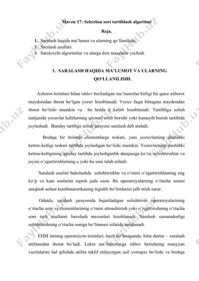 selection sort tartiblash algoritmi — DOCX