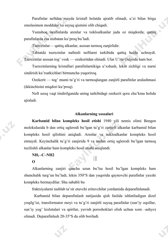 dlashicha, suyultirilgan nitrat kislotasi bilan uchlamchi utlеrod atomidagi vodorod osonroq almashadi. 5. galogеnlash. alkanlarni galogеnlash radikal zanjirli rеaktsiyalar turiga mansubdir. issiqlik, fotokimyo yoki tashqaridan ta’sir etish natijasida galogеnlar alkanlarga birikadilar: cl2 cl0 +cl0 cl2---2cl0 kеyingi bosqichda: shu tariqa rеaktsiya davom etavеrishi mumkin, toki: rch2ch2ch2ch2r rch2ch2 rch=ch2+rch2ch3 alkanlarning хlorli birikmalari хalq хu’jaligida kеng qu’llaniladi. 6. sulfat kislota alkan bilan qizdirilganida so3h ch3–ch–ch2ch3+h2so4ch3–c–ch2ch3 ch3 ch3 7. sulfoхlorlash olingan sulfoхloridni ishqor yordamida: hosil bu’lgan tuzni sun’iy yuvish poroshogi olish uchun ishlatiladi. 8. sulfooksidlanish: foydalanilgan adabiyotlar: 1. e.a. bakirov, v.i. yermolkin, v.i. larin i dr. geologiya nefti i gaza uch. pos. nedra 1989. 2. v.g. kanalin, m.g. ovanesov, v.p. shugrin. neftegazopromislovaya geologiya i gidrogeologiya moskva. nedra 1985. 3. i.x. abrikosov, s.n. gutman. obshaya, neftyanaya i neftepromislovaya geologiya. moskva. nedra 1982. 4. m.a. jdanov. neftegazopromislovaya geologiya i podschet zapasov nefti i gaza. moskva. nedra 1986. 5. n.g. sereda, v.m. muravyov. osnovi neftyanogo i gazovogo delo. …