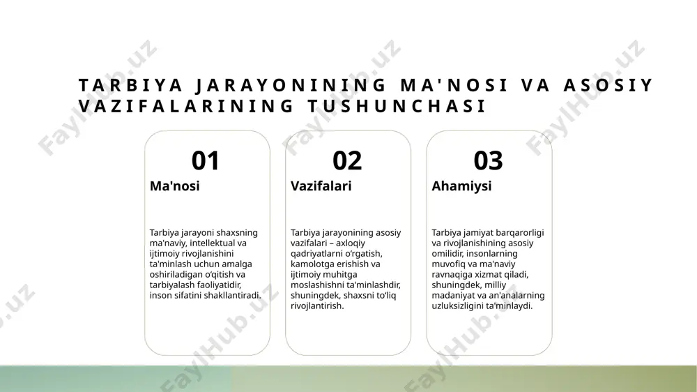 ezonlari - tarbiya jarayonining samaradorligini baholashda asosiy mezonlar o‘quvchilarning bilim va ko‘nikmalarga erishish darajasini, shuningdek, pedagogik yondashuvlarning samarasini o‘lchashga yordam beradi. 2 shaxsiy rivojlanish - bu mezon, tarbiyalash jarayonida yoshlarning shaxsiy sifatlari, ijtimoiy qobiliyatlari va muomala madaniyatining rivojlanishini aniqlash uchun qo‘llaniladi. 3 texnologiyalarning roli - zamonaviy pedagogik texnologiyalar yordamida baholash jarayonlari aniqroq va interaktiv bo‘lib, o‘quvchilarning individual ehtiyojlariga moslashtirilgan natijalarni taqdim etadi. tarbiya jarayonida yoshlar va ota-onalarning roli rollar va mas'uliyat yoshlar va ota-onalar tarbiya jarayonida faol ishtirok etib, o'z vazifalarini anglashlari, ta'lim sifatini oshirishda muhim rol o'ynaydi. o'zaro hamkorlik ota-onalar va yoshlar orasidagi samarali muloqot va hamkorlik, tarbiyadagi muhim omil bo'lib, yoshlarning shaxsiy va ijtimoiy rivojlanishini ta'minlaydi. texnologiyalardagi roli zamonaviy texnologiyalar yordamida ota-onalar va yoshlar tarbiya jarayonida yanada samarali va interaktiv usullar bilan birga ishlash imkoniyatiga ega. tarbiya jarayonini boshqarish va nazorat qilish usullari 1 monitoring va baholash tarbiya jarayonini nazorat qilish uchun doimiy monitoring va baholash tizimlari joriy …