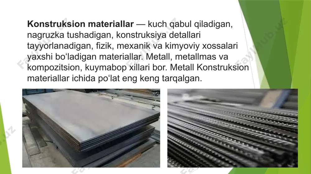 spers-puxtalangan kompozitsion materiallarni texnikada ishlatiladigan barcha metall va qotishmalar asosida olish mumkin dispers-puxtalangan kompozitsion material hisoblangan aluminiy asosli - qak (qizdirilgan aluminiy kukun) ko'proq qo'llaniladi. qakida matritsa aluminiy bo'lib, to'ldiruvchi - aluminiy oksidining kichik donachasi - al20 3 (6 dan 18% gacha) hisoblanadi. al20 3 ni miqdori oshishi bilan cho'zilishga bo'lgan mustahkamlik chegarasi oshadi va nisbiy uzayishi kamayadi. kompozitsion materiallami ishlatilishi sohasi chegaralanmagan. ti2 2 2 w i i l \l\1\1 1---er::1=::f es a#!f't:£ polimerlar strukturasi: makromolekula shakli; b) plastinkali birlamchi kristall; d) sferolit; e) mikrofibrill amorfli polimerlar zanjirli molekulalardan tuzilgan bo'lib, qutichada yig'ilgan. polimerlaming asosiy bitta kamchiligi bo'lib, ular yorug'lik, kislorod, nam, yuqori temperatura, uzoq saqlash oqibatida eskiradi . metallmas konstruksion materiallar ga beton, oʻtga chidamli materiallar, plastmassalar, shisha, sopol, rezina va yogʻoch materiallar kiradi. ular samolyotsozlik, raketasozlik, mashinasozlik, radiotexnika va kemasozlikda qoʻllaniladi. kompozitsiyey konstruksion materiallar: ip, sim, ipsimon kristallar, qiyin eriydigan birikma va boshqalar. nometall materiallar nometall materiallarga …