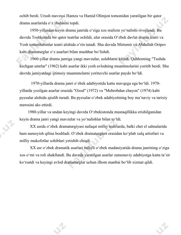 madaniyatida drama janrining o‘ziga xos o‘rni va roli shakllandi. bu davrda yaratilgan asarlar zamonaviy adabiyotga katta ta’sir ko‘rsatdi va keyingi avlod dramaturglar uchun ilhom manbai bo‘lib xizmat qildi. 1. o'zbek adabiyoti asarlarining teatr sahnasidagi talqini o'zbek adabiyoti asarlarining teatr sahnasidagi talqini, ya'ni o'zbek adabiyoti namunalarining sahnaviy interpretatsiyalari haqida ma'lumot beradi. 1. alisher navoiy: navoiy ijodidan ko'plab asarlar o'zbek teatrida sahnalashtirilgan. jumladan, uning "farhod va shirin", "layli va majnun" kabi dostonlari asosida sahna asarlari yaratilgan. bu asarlar ma'naviy va falsafiy mazmuni tufayli chuqur sahnaviy talqinni talab qiladi. 2. abdulla qodiriy: uning "o’tkan kunlar" romani o'zbek teatri tarixida muhim o'rin tutadi. bu asar bir necha marta sahnalashtirilgan va har bir sahnalashtirish o'ziga xos talqinni keltirib chiqargan. sahna asarlari qodiriy yaratgan tarixiy va ijtimoiy muhitni yoritishga harakat qilgan. 3. cho'lpon: mashhur o'zbek yozuvchisi cho'lponning "kecha va kunduz" romani ham o'zbek teatri uchun qimmatlidir. ushbu asar ham bir necha bor sahnalashtirilgan va har bir …