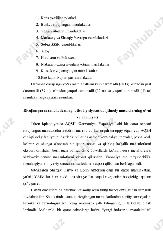 ko‘ra, “yangi industrial mamlakatlar” ning ba’zi birlari sanoati rivojlangan mamlakatning muhim siyosiy va iqtisodiy manfaatlari ta’sir doirasiga tushib qolganligini ko‘rishimiz mumkin. aqshning siyosiy manfaatlari asosan sharqiy osiyo mamlakatlarining “kommunistik ta’siriga” qarshi turuvchi tayvan va janubiy koreyaning siyosiy manfaatlarini qo‘llab-quvvatlashga qaratilgan edi. shuning uchun ham ushbu mamlakatlarga cheksiz iqtisodiy yordam uyushtirilib harbiy jihatdan ko‘llab-quvatlandi. yaponiya investitsiyalari, “yaim” ning industriallashuviga va ularning eksport tavarlarning raqobatbardoshligini oshirishga imkoniyat yaratib, “yaim”lar sanoatida qayta ishlanadigan mahsulotlarning yirik eksportyorlaridan biriga aylanishida muhim rol o‘ynamoqda. yaponiya investitsiyalarini kirib kelishi birgina 1982-1985 yillarning o‘zida tayvanda 2,1 martaga, gonkongda esa 61%ga o‘sgan edi. jahon iqtisodiyotida osiyoning “yaim”lari uchun shu narsa xarakterli bo‘ldiki, ulardagi tadbirkorlik sarmoyalari, birinchi galda qayta ishlash sanoati va xom ashyo tarmoqlarini rivojlantirishga yo‘naltirildi. o‘z navbatida, lotin amerikasining “yaim” laridagi ishbilarmonlik sarmoyalari esa, ko‘proq savdo, xizmat ko‘rsatish soxalari va qayta ishlash sanoat tarmoqlariga jalb etilgan edi. xullas, jahon iqtisodiyotida xorijiy sarmoyalarning keng mikyosda tarkalishi shu narsaga olib …