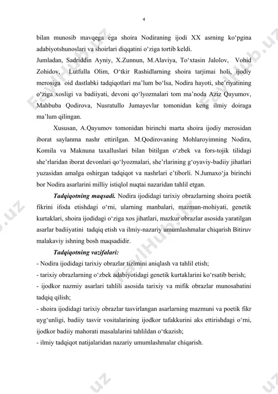 ilgan adabiyotlar ro‘yxatidan iborat. i.bob. o‘zbek mumtoz adabiyotida tarixiy shaxslar obrazlarining genetik kurtaklari i.1. nodira she’riyatida tarixiy shaxslar obrazi tarix va adabiyot bir-biriga chambarchas bog‘liq. zero, ular biri ikkinchisini to‘ldirib, jamiyat manfaatlariga xizmat qiladi. tarix muayyan makon va zamon, ma’lum shaxslar hayoti bilan bog‘liq voqealar haqidagi real ma’lumotlarni o‘zida mujassam etsa, badiiy adabiyotning vazifasi o‘zgacharoq. chunonchi, badiiy adabiyot muayyan tarixiy hodisa yoki shaxslar kechmishini badiiy jihatdan sayqallab, ohorli tashbeh va metaforalar orqali tasvirlaydi. ijodkor asarida tarixiy jarayon va tarixiy shaxs faoliyati bilan bog‘liq tasvirlarda o‘ta mubolag‘ali chizgilardan ham foydalanishi mumkin. natijada tasvir obyekti bo‘lgan hodisaning o‘quvchi ongi va shuuriga ta’sir kuchi bir necha barobar oshadi, tarixiy shaxs obraziga nisbatan ijobiy yoki salbiy fikr shakllanishiga zamin yaratiladi. shu ma’noda, badiiy adabiyotda tarixiy shaxslar obrazi tasviri ijodkorning qaysi rakursdan yondashishiga qarab, kelgusida o‘quvchi tasavvurida yaxshilik yoki yomonlik, saxiylik yoki baxillik, mardlik yoki nomardlik timsoliga, ijodkor orzu-istaklarining ifodachisiga aylanishi mumkin. o‘zbek mumtoz adabiyotida …