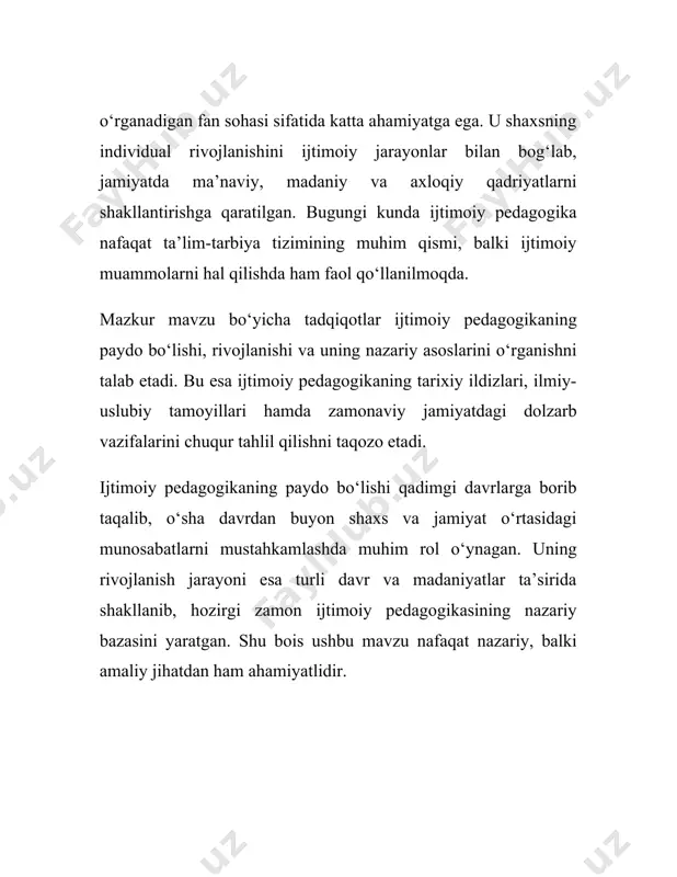 nsonning hayotida qanday muhim o‘rin tutishini va uning jamiyatga qo‘shadigan ijtimoiy hissasini tahlil qildi. xx asrda ijtimoiy pedagogika sohasida bir qancha yirik olimlar ish olib bordilar. amerika qo‘shma shtatlarida jon dyu, fransiyadagi emil durkheim va germaniyadagi georg kerschensteiner kabi olimlar ijtimoiy pedagogikaning nazariy asoslarini rivojlantirishga katta hissa qo‘shdilar. ijtimoiy pedagogika yildan-yilga rivojlanib, ijtimoiy muammolarni hal etishda muhim ahamiyat kasb eta boshladi. bugungi kunda ijtimoiy pedagogika jamiyatdagi turli xil ijtimoiy guruhlar bilan ishlashda, ularni qo‘llab-quvvatlashda va ijtimoiy adolatni ta'minlashda samarali usul va dasturlarni taklif qiladi. ijtimoiy pedagogika bugungi kunda juda ko‘p qirralarni o‘z ichiga oladi va faqat maktab yoki ta'lim muassasalarida emas, balki kengroq jamiyatda, hattoki oilaviy va mahalliy darajada ham tatbiq etiladi. uning ijtimoiy inklyuziya, ijtimoiy xizmatlar, notijorat tashkilotlari va mahalliy hamjamiyatlar bilan ishlashdagi o‘rni juda katta. ijtimoiy pedagogikaning zamonaviy namoyandalari jamiyatdagi tengsizliklar, ijtimoiy inklyuziya, muhojirlar va qochqinlar bilan ishlash kabi masalalarga yechim topishda faol ishtirok etmoqdalar. shu bilan birga, …