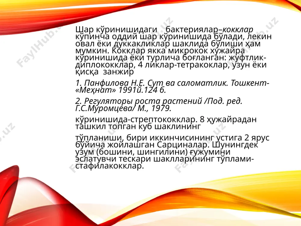 ниқ каллоид массадир. микроб ҳужайрасида оқсиллар қатори нуклеиннг кислоталарини (рнк ва днк) аҳамияти жуда катта. уларнинг ёрдамида ҳар бир организм учун мансуб бўлган оқсил ҳосил бўлади. днк асосан ядрода (хромосомаларда) жойлашиб, рнк синтези учун матрица хизматини бажаради. рнк эса цитоплазмада жойлашган бўлиб, оқсилни синтезида иштирок этади. цитоплазмада жуда кўп рибосома доначалари бўлиб, уларнинг таркибида 60 фоиз рнк ва 40 фоиз оқсил мавжуддир. бактерия ҳужайрасининг қариши жараёнида вакуольлар ҳосил бўлади. уларнинг ичида ҳужайранинг шарбати, минерал тузлар ва қандлар тўпланади. жамғарма озуқа моддалардан ҳужайрада ёғ, гликоген (ҳайвон крахмали), валютин (азотли ва полифосфатли модда) йиғилади. пигментли бактерияларнинг ҳужайрасида ҳар хил рангдаги бўёқ моддалар ҳам жойлашади. ядро аппарати жуда муҳим ташкилий элсмент бўлиб, у наслнииг сақланишида ва ҳаёт жараёнларини бошқаришда катта аҳамиятга эга. кўпчилик бактерияларни ядросининг қобиғи йўқлиги сабабли, у доимий бир шаклда бўлмайди. шунинг учун оддий микроскопда бактериянинг ядросини топиш қийин. капсулали бактерияларнинг бири leuconostoc mesenteroides қанд ишлаб чиқарувчиларни кўп ташвишга солади. бу …