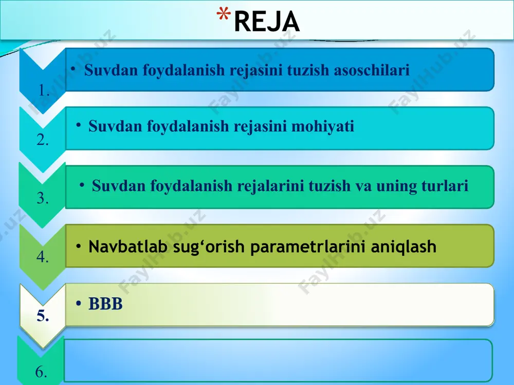 . sug‘orish suvini manbadan olib, uni sug‘orish tizimlari orqali ekin dalalariga yetkazish, hamda sug‘orish, texnikasi (usullari) yordamida suyuq holatdagi suvni tuproq namiga aylantirish borasidagi barcha tashkiliy, boshqarish ishlari suvdan foydalanish deb yuritiladi. suvdan foydalanish rejasini mohiyati suvdan foydalanish gidromeliorativ tizimlardan foydalanishni asosini tashkil qiladi. bunda quloq boshidan uzoqqlashgan sayin sug‘orish tarmoqlari va ulardagi suv sarfini tarqatuvchi tarmoqlar soni ortib boradi va shu bilan birga suvni boshqqarish ishlari murakkablashib boradi. shuning uchun ham barcha sug‘orish tizimlari uchun mavjud maydonlarni me’yoriy holatda suv bilan ta’minlash maqsadida suvdan foydalanish rejalashtiriladi. suvdan foydalanishni rejalashtirishni mohiyati sug‘orish uchun mo‘ljallangan suv miqdorini suvdan foydalanuvchi xo‘jaliklarga ularni ekin maydonlari va ekin turlariga qarab ekinlarni sug‘orish rejasiga muvofiq rejalashtirish sug‘orish manbaidan olib sug‘orish tizimlari orqali yetkazib berishdir. suvdan samarali foydalanish suvdan foydalanish rejasini tuzishga olib keladi. suvdan rejali foydalanish sug’orish tizimidan maqsadli va unumli foydalanishni asosidir. suvdan foydalanish rejalarni tuzish va uning turlari suvdan foydalanish rejasi bir yilda …
