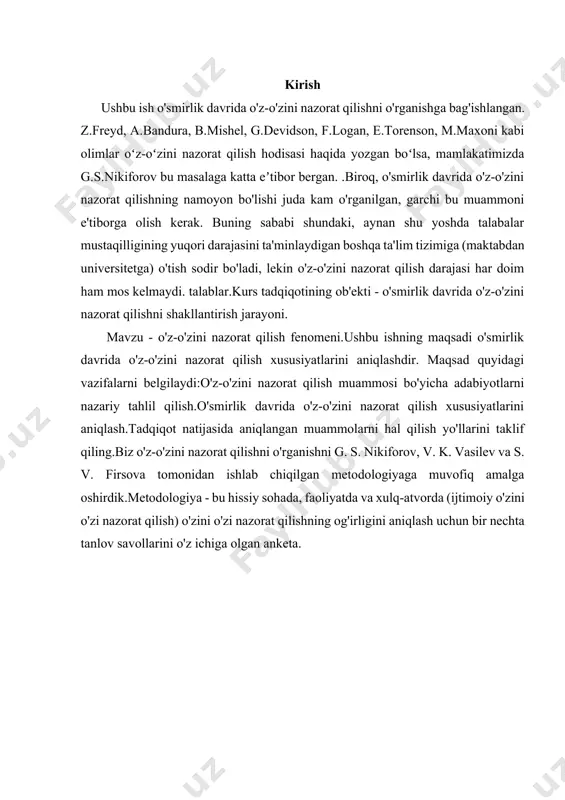 h uchun bir nechta tanlov savollarini o'z ichiga olgan anketa. i bob o`smirlik davrining psixologik xususiyatlari 1.1 o`smirlik davri haqida tushuncha o`qituvchi va tarbiyachi uchun bolalarning o`smirlik davri psixologiyasini bilish psixologik nuqtai nazaridan ham pеdagogik nuqtai nazaridan ham muximdir. bu davrni biz yana o`tish davri ham dеb ataymiz. o`smirlik davri asosan 11-15 yoshdagi bolalarni o`z ichiga qamrab oladi, ya’ni 5-8 sinf o`quvchilarini. o`smir o`quvchilarni ta’lim va tarbiya bеrish ishlarida uchraydigan ayrim qiyinchiliklar bu yoshdagi bolalarning psixik rivojlanishi va hususiyatlarini ba’zan еtarli darajada bilmaslikdan yoki inkor qilishdan kеlib chiqadi. kichik va katta yoshdagi maktab o`quvchilariga qaraganda o`smirlik yoshidagi bolalarni tarbiyalashda juda ko`p qiyinchiliklar bo`ladi. chunki, kichik bolaning katta odamga aylanishi jarayoni juda kiyin kеchadi. bu jarayon o`smirlar psixologiyasining odamlar bilan bo`lgan munosabat formalarining jiddiy ravishda o`zgarishi, hamda hayot sharoitining o`zgarishi bilan bog`liqdir. bu davrda o`smirlarning o`z shaxsiy fikrlari paydo bo`ladi. ularda o`z qadr-qimmatlari haqidagi tushuncha kеngayadi. ilmiy psixologiyaning aniqlashi bo`yicha o`smirlarningpsixik …