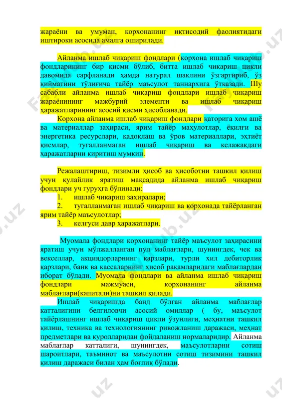бир қисми бўлиб, битта ишлаб чиқариш цикли давомида сарфланади ҳамда натурал шаклини ўзгартириб, ўз қийматини тўлиғича тайёр маъсулот таннархига ўтказади. шу сабабли айланма ишлаб чиқариш фондлари ишлаб чиқариш жараёнининг мажбурий элементи ва ишлаб чиқариш ҳаражатларининг асосий қисми ҳисобланади. корхона айланма ишлаб чиқариш фондлари қаторига хом ашё ва материаллар заҳираси, ярим тайёр маҳулотлар, ёқилғи ва энергетика ресурслари, қадоқлаш ва ўров материаллари, эҳтиёт қисмлар, тугалланмаган ишлаб чиқариш ва келажакдаги ҳаражатларни киритиш мумкин. режалаштириш, тизимли ҳисоб ва ҳисоботни ташкил қилиш учун қулайлик яратиш мақсадида айланма ишлаб чиқариш фондлари уч гуруҳга бўлинади: 1. ишлаб чиқариш заҳиралари; 2. тугалланмаган ишлаб чиқариш ва корхонада тайёрланган ярим тайёр маъсулотлар; 3. келгуси давр ҳаражатлари. муомала фондлари корхонанинг тайёр маъсулот заҳирасини яратиш учун мўлжалланган пул маблағлари, шунингдек, чек ва векселлар, акциядорларнинг қарзлари, турли хил дебиторлик қарзлари, банк ва кассаларнинг ҳисоб рақамларидаги маблағлардан иборат бўлади. муомала фондлари ва айланма ишлаб чиқариш фондлари мажмуаси, корхонанинг айланма маблағлари(капитали)ни ташкил қилади. ишлаб чиқаришда …