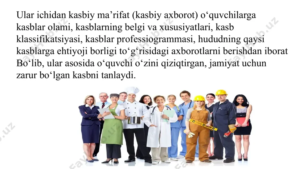 i. 10 kasbiy motivatsiyani aniqlash metodikasi. kabiy motivatsiya (moyillik) kasb tanlashga sabab bo‘ladigan aniq rag‘batlantiruvchi harakatdir. kasb egallash istagi o‘quvchilarda ijtimoiy muhit omillari va maktabda o‘tkaziladigan kasb-hunarga yo‘naltiruvchi ishlar orqali shakllanadi. kasbiy motivatsiya o‘zgaruvchan, uning shakllanishi uzluksiz jarayon bo‘lib, obyektiv va subyektiv omillar ta’sirida boradi. shu tufayli kasbiy motivatsiyani ilk bosqichlarda aniqlash va zarurat bo‘isa, ularni to‘g‘rilash maqsadga muvofiqdir. kasbiy motivatsiyani guruhlarda va individual o‘rganish mumkin. ushbu metodikani o‘tkazishda о‘smirlarga javoblar varaqasi tarqatiladi, qo‘llanma о‘qiladi. savolnoma tasdiq gaplardan iborat bo‘ib, har bittasi 3ta har xil ma’noli gap bilan tugallangan. 3 vapiant javobdan faqat bitta to‘g‘ri kelgan javobni topib javoblar varag‘ga belgilash lozim. kasbiy faoliyat motivlari orasidan 4 asosiy guruhni ajratsa bo‘ladi: 1. o‘z mehnatining motivlari - odam uchun mehnat jarayonining muhimligini bildiradi. 2. mehnatining ijtimoiy ahamiyatli motivlari – jamiyat tomonidan talab qilinayotgan kasbni tanlashga bog‘liqligi haqida guvohlik qiladi. 3.o‘zini shaxs sifatida tasdiqlash - kasbni tanlashda о‘zining qobiliyatini mehnatda amalga oshirish …