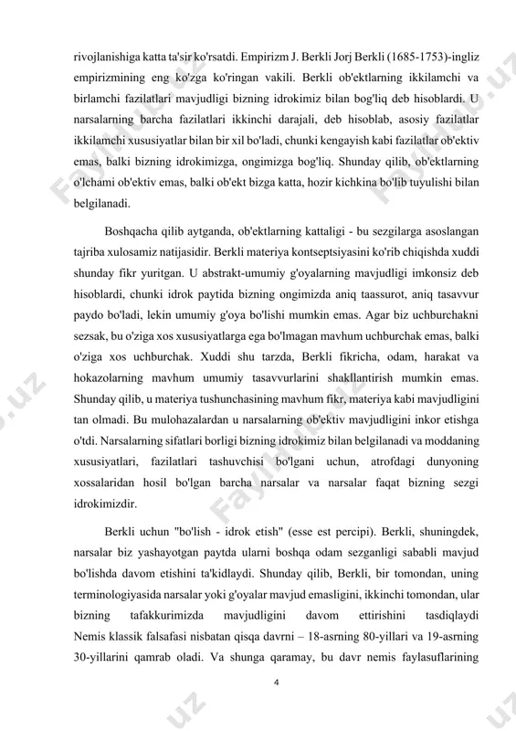 iz bilan belgilanadi va moddaning xususiyatlari, fazilatlari tashuvchisi bo'lgani uchun, atrofdagi dunyoning xossalaridan hosil bo'lgan barcha narsalar va narsalar faqat bizning sezgi idrokimizdir. berkli uchun "bo'lish - idrok etish" (esse est percipi). berkli, shuningdek, narsalar biz yashayotgan paytda ularni boshqa odam sezganligi sababli mavjud bo'lishda davom etishini ta'kidlaydi. shunday qilib, berkli, bir tomondan, uning terminologiyasida narsalar yoki g'oyalar mavjud emasligini, ikkinchi tomondan, ular bizning tafakkurimizda mavjudligini davom ettirishini tasdiqlaydi nemis klassik falsafasi nisbatan qisqa davrni – 18-asrning 80-yillari va 19-asrning 30-yillarini qamrab oladi. va shunga qaramay, bu davr nemis faylasuflarining falsafiy tafakkuri eng yuqori cho'qqini ifodalaydi. falsafiy rivojlanish... asosan, bu falsafa idealistikdir. ammo falsafaning bu turi o'sha davrning eng dolzarb savollariga javob berishga imkon berdi. falsafaning bu turiga quyidagilar kiradi: immanuil kant (1724-1804), gerder (1744-1803), i. g. fixte (1762-1814), shelling (1775-1854), hegel (1770-1831). immanuil kant izchil falsafiy tizimni ishlab chiqdi, unda u inson mavjudligining asosiy savollariga javob berishga harakat qildi: …