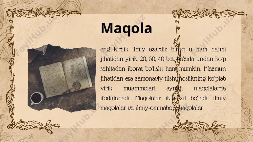 ajriba-sinov natijalari bayon etiladi. odatda, u o‘qiladigan og‘zaki variant va olimlarning mazkur uchrashuvi materiallarini o‘z ichiga olgan maxsus to‘plamda nashr etiladigan yozma variantga ega. ko‘p hollarda to‘plamlarga ilmiy ma’ruzaning tezisi beriladi, ma’ruzaning o‘zi esa slaydlar to‘plamidan iborat bo‘ladi. o’quv adabiyotlari va ularning turlar: ~o‘quv adabiyotlari, avvalo, ikki turga: bosma va elektron adabiyotlarga bo‘linadi. ta’lim turlarining har bir bo‘g‘ini uchun asosiy darsliklar va o‘quv qo‘llanmalar bosma nashr shaklida qo‘llanadi. mazkur o‘quv adabiyotlari davlat ta’lim standartlari talablaridan kelib va izchillik, ilmiylik, bilim oluvchilarning yosh va psixologik xususiyatlaridan kelib chiqadigan o‘quv adabiyotlarini yaratish tamoyillari asosida yaratiladi. ~elektron o‘quv adabiyotlari yangiliklar asosida takomillashtirib turish mumkinligi, mustaqil o‘qib shug‘ullanish uchun imkoniyatlari kengligi bilan bosma adabiyotlardan farqlanadi umumta’lim basqichi uchun darsliklarniyaratish tamoyillari тizimlik tamoyil-darslikdagi materiallar,kategoriyalar,tushunchalarning izchil bayon etilishi. maqbullik tamoyil-o’qcv materiali va uning mazmuni o’quvchiarning yoshi xususiyatlariga mosligi. ko’rgazmalik tamoyil-matning turlari ko’rgazmalar bilan o’zaro bog’liknigini ta’minlash. o’quvchilarning ta’lim jarayonidagi ongli va faol tamoyili-bu darslik metodikasi va …