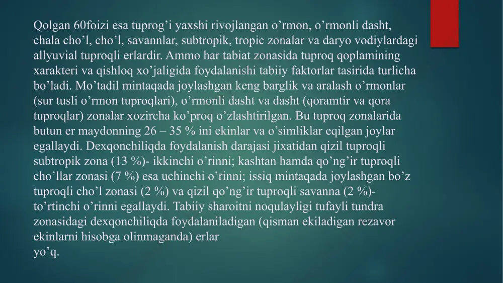 o’lib, iqlim, tog’ jinslari, o’simliklar va hayvonlar, mikroorganizmlarning o’zaro murakkab tasiri natijasida hosil bo’ladi. dexqonchiliqning yuzaga kelishi bilan tuproqning kishilar hayotidagi ahamiyati keskin oshib borgan. inson o’zi uchun zarur bo’lgan barcha oziq mahsulotlari va ko’plab boshqa vositalarni bevosita yoki bilvosita tuproqdan oladi. er yuzining hozirgi mavjud tuproq qatlami jamiyat taraqqiyoti natijasida kuchli o’zgargan. insoniyat tarixi davomida 2 milliard gektar dan ortiq unumdor tuproqli erlar yaroqsiz holga keltirilgan. har yili sayyoramizdagi qishloq xo’jaligi uchun yaroqli erlar maydoni sho’r bosishi, cho’llashish, emirilish natijasida 5 - 7 mln. gektarga kamaymoqda. tuproqlarga inson tasirining kuchayishi sug’oriladigan dexqonchilik va chorvachiliqning rivojlanishi bilan bog’liqdir. tuproq tugaydigan va tiklanadigan resurslarga kiradi. er yuzida dehkonchiliq maqsadlarida ishlatiladigan erlar mavjud erlar xududining 10 % ni tashkil qiladi va dunyo aholisi jon boshiga 0,5 ga dan to’g’ri keladi. tuproqning og’ir metallar bilan ifloslanishi. foydali qazilmalarni qazib chiqarish va ularni ishlatish bo’yicha odamlar bir qancha geokimyoviy jarayonlarni yaratdilar. bu jarayoni akademik …