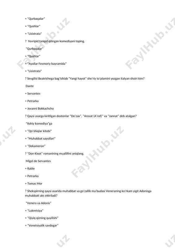 b belgilashadi? 1515-yil – italyan yozuvchisi trissinoning “sofonisba” tragediyasi = dramaturg kalderon = lope de vega = spinoza ? “yaltiroq teatr” nomli teatr guruhini tashkil qilgan adib kim? jan batist molyer = rasin = dramaturg kalderon = lope de vega ? kim “fransiyada yaxshi pyesalar bor, yaxshi teatr binolari esa italiyada” – degan edi? volter = jan batist molyer = rasin = dramaturg kalderon ? kim teatrni “jamiyat oynasi” deb ataydi? molyer = rasin = dramaturg kalderon = lope de vega ? molyerning qaysi asari qahramoni ikkiyuzlamachilik timsoli sanaladi? “tartyuf” = “don juan” = “mizontrop” = “hasis” ? molyerning ikki hafta ichida yozilgan asari qaysi? “don juan” komediyasi = “tartyuf” = “mizontrop” = “hasis” ? lafontenning yunon mifologiyasidan foydalanib yaratgan dostoni qaysi? “adonis” = “evnux” = “o‘tinchi va o‘lim” = “dub va qamish” ? lafonten qaysi masalida adolatsiz sudni tanqid qilgan? “maymunlar sudida tulkiga qarshi shikoyat bilan chiquvchi bo‘ri” = …