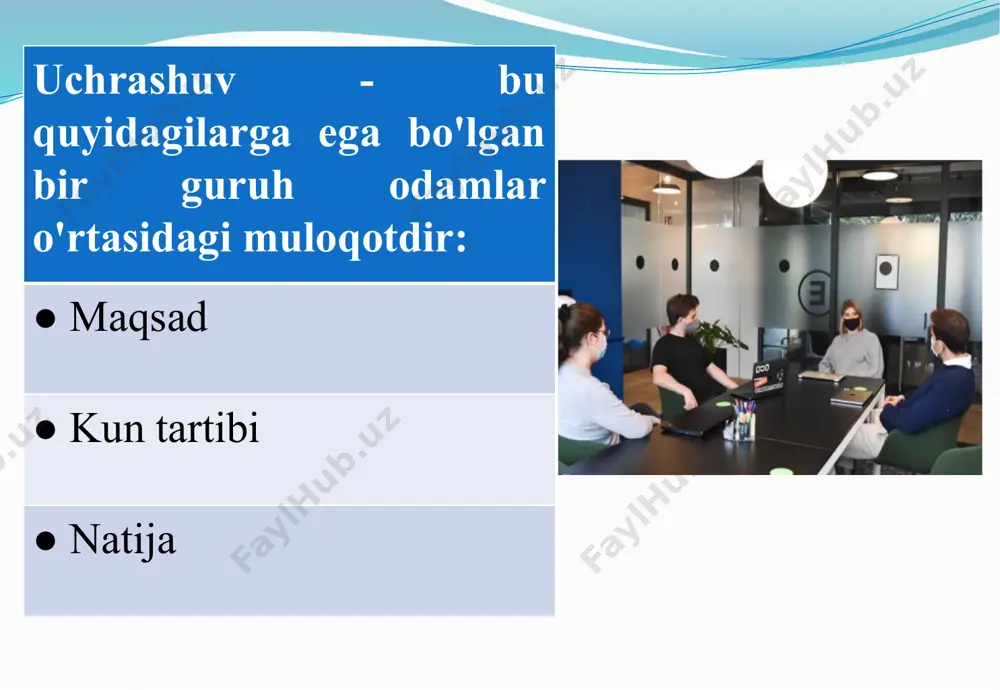 ichni o'ng qo'lga olib ovqatni og'izga solinadi. pichoq va vilkalar foydalanilmaganda ular yoningizdagi likopchada turadi. ofitsiant e'tiborini qanday jalb qilish mumkin? ofitsiantlar odatda hushyor bo`lishadi. ho`randalarning kichik signali darhol ularning e'tiborini tortadi. biroq, agar kimdir ofitsiantni chaqirishi kerak bo'lsa, ko'z bilan aloqa qilish va agar kerak bo'lsa, ofitsiant tomonga bir oz burilish maqsadga muvofiqdir. eng yahshi chaqiriq murojati – “kechirasiz”. 21 3-reja. telefon va uyali telefon qo'ng'iroqlarini boshqarish. dolzarb muammolarni muhokama qilish. tomonlar o'rtasida muhokama qilinadigan asosiy mavzularni aniqlash. rejalarni muvofiqlashtirish kelgusi tadbirlar uchun jadval va rejalarni tasdiqlash. muhim masalalarni hal qilish yangi paydo bo’layotgan muammolarni hal qilish yo'llarini topish. telefon orqali suhbatning maqsad va vazifalari. telefonda samarali muloqot tinglash qobiliyatlari. diqqat bilan tinglash suhbatdagi nuanslarni tushunishga yordam beradi. tushunarli kommunikatsiya. tushunmovchiliklarga yo'l qo'ymaslik uchun aniq va tushunarli so’z ifodalaridan foydalaning. empatiya suhbatdoshning nuqtai nazarini tushunish uchun o'zingizni uning o'rniga qo'yishga harakat qiling. . suhbatda ishonch va empatiyani o'rnatish usullari …