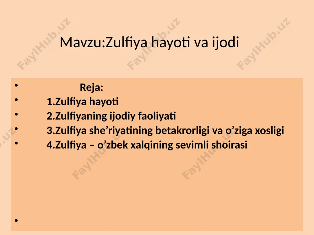 shlarning parvozi,yellarning nozi, baxmal vodiylarda,qirlarda bahor…. qancha sevar eding,bag’rim,bahorni, o’rik gullarining eding maftuni. har uyg’ongan kurtak hayot bergan kabi ko’zlaringga surtib o’parding uni. mana,qimmatligim,yana bahor kelib, seni izlab yurdi,kezdi sarsari. qishning yoqasidan tutib so’radi seni, u ham yosh to’kdi-yu,chekildi nari. seni izlar ekan bo’lib shabboda, sen yurgan bog’larni qidirib chiqdi. yozib ko’rsatay deb husn-ko’rkini, yashil qig’oqlarni qidirib chiqdi. zulfiya she’riyati she’riy to’plamlari “hayot varaqlari” (1932) “qizlar qo’shig’i” (1938) “she’rlar” (1939) “uni farhod der edilar”(1943) “hijron kunlarida”(1944) “dalada bir kun”(1948) “tong qo’shig’i”(1953) “kuylarim sizga”(1965) “yuragimga yaqin kishilar”(1958) she’rlari “zootexnik qiz” “cho’pon” “bog’lar qiyg’os gulda” “sensiz” “bahor keldi seni so’roqlab” “o’g’lim, sira bo’lmaydi urush” “mening vatanim” “ko’rganmiding ko’zlarimda yosh” “lobar qizlarga” zulfiya she’rlari harorat bilan sug’orilgan ehtirosli hayotbaxsh she’rlardir.ular goh vatan haqida uning go’zal tabiati,mehnatkash odamlari,buyuk bunyodkorlik qudrati xususida bo’lsin yoki insonlarning turfa his-tuyg’ulari: mehr-muhabbat,quvonch-u shodlik baxt sadoqatni tarannum etishga bag’ishlangan. zulfiya isroilova xalqimizning atoqli va ardoqli vakili,o,zbekiston xalq shoiri,xalqaro “nilufar”va javoharlal …