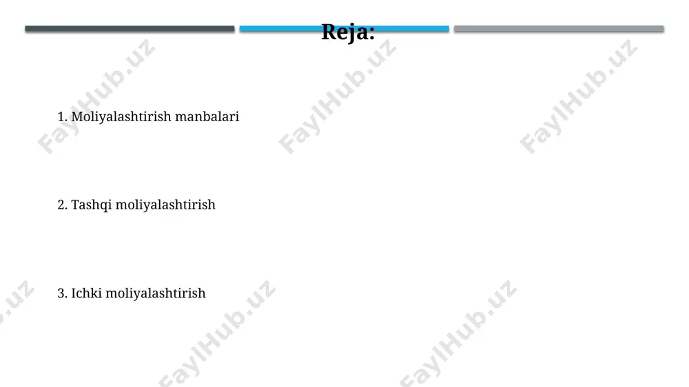 altiriladi. o'zbekistonning 2023-yilgi byudjetidan 5 milliard so'm miqdorida ajratilgan mablag'lar kichik biznesni moliyalashtirishga yo'naltirilgan bo'lib, toshkent shahridagi tadbirkorlarga imtiyozli kreditlar taqdim etilmoqda. crowdfunding o'zbekistonda crowdfunding hali rivojlanish bosqichida bo'lsa-da, 1000 dan ortiq loyihalar ushbu usul orqali moliyaviy yordam olgan va kelajakda bu raqamlarning o'sishi kutilmoqda. evropada crowdfunding orqali loyihalarni moliyalashtirishda muvaffaqiyat darajasi 70% ga yetgan, bu esa investorlar uchun yuqori darajada ishonchlilikni ta'minlaydi. venture kapitali o'rtacha venture kapitali shartnomasi 5-7 yil davom etadi va investitsiyalarni qaytarishni ta'minlash uchun kompaniyadan foiz ulushi yoki aksiyalarni olishni nazarda tutadi. 2022 yilda jahon bo'yicha venture kapitali sarmoyalari 600 milliard dollardan oshdi, bu esa rivojlanayotgan mamlakatlardagi startaplar uchun ham katta imkoniyatlarni ochib berdi. qarz obligatsiyalari қарз облигацияларини 5 йил муддатга 10% фоиз ставкаси билан тошкент шаҳрида жойлашган “агрокимё” компанияси чиқарганлиги маълум. самарқанд вилоятидаги кичик корхона 30 миллион сўмлик қарз облигацияларини 1 йил муддатга чиқариб, лойиҳасини молиялаштирди. investitsiyalar qoraqalpogʻiston respublikasida 50 million aqsh dollari miqdoridagi investitsiyalar …
