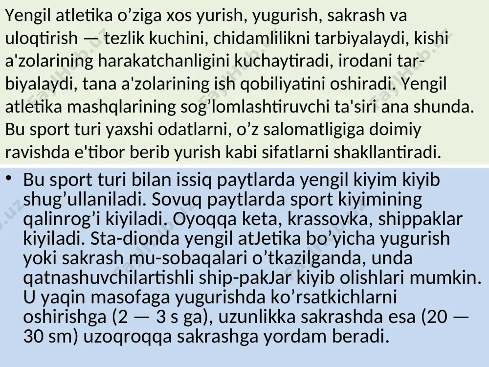 yugurishdan unumli foydalanilsa, masofaning dastlabki metrlaridayoq ilgarilab ketishga erishiladi. qisqa masofalarga (sprinterlik) yugurish yugurishning bu turi bo’yicha respublikamizda o’g’il bolalar va qizlar uchun eng yuqori natijalar toshkent shahrida qayd etilgan. o’g’il bolalarda 100 m. ga yugurish bo’yicha rekord natija anvar kuchmuradovga (10,50 sek. elektron hisoblagich); qizlar o’rtasida ludmila lapshina (11,85 sek.) ga tegishli. bu masofaga yugurish bo’yicha jahon rekordi erkaklar orasida 6,39 s ga teng (elektron sekundomer bo’yicha). bunga amerikalik moris grin erishgan. ayollar orasida — 6,92 s bo’lib (elektron sekundomer bo’yicha), bunga rossiyalik irina privalova erishgan. jismoniy tarbiya darslarida 2 x 30, 2 x 20, 60 m yoki 100 m masofalarga ( 1, 2, 3 o’quvchi) oddiy sekundomer o’lchovi asosida yuguriladi. bir necha darsdan keyin dastlab 30 m ga, 2 — 3 darsdan keyin 60 — 100 m ga yugurish me'yorlari topshiriladi. pastki start—xcz yugurib ketish uchun qulay boigan dastlabki holat. pastki startdan yugurish uchun tayanch, chuqurcha yoki start …