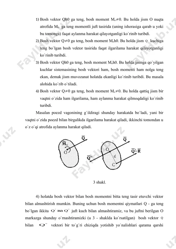 masligi shart ( shakl 4). 4. shakl. tekislikda ixtiyoriy joylashgan kuchlar sistemasining muvozanat shartining uchinchi ko`rinishi. tekislikda ixtiyoriy joylashgan kuchlar sistemasi muvozanatda bo`lishi uchun jismga qo`yilgan barcha aktiv kuchlarning va reaktsiya kuchlarining bir to`g`ri chiziqda yotmagan ixtiyoriy uchta a, v, s, nuqtalarga olingan momentlarining yig`inlilari nolga teng bo`lishi shart, yani (6) yuqorida takidlaganimizdek masalalar echganimizda hardoim muvozanat tenglamalarining birinchi shartidan foydalanish maqulroq, chunki unga hechqanday cheklanishlar qo`yilmagan. lekin ayrim hollarda ikkinchi va uchinchi shartlardan foydalanish katta afzalliklarga olib kelishi mumkin. umuman olganda shuni takidlash lozimki, tekislikda ixtiyoriy joylashgan kuchlar sistemasining muvozanat tenglamalar sistemasi, har doim uchta tenglamadan iborat bo`lar ekan. shunga ko`ra biz faqat uchta nomalumni aniqlashimiz mumkin xolos, agar nomalumlar soni to`rtta va undan ortiq bo`lsa, bunday tenglamalar statik noaniq masalalar deyiladi, va uni statika qismida echib bo`lmaydi. lekin bu bilan unday masalalarni mutloq echish mumkin emas ekan, degan fikr chiqmasligi kerak. sababi shuki shunday masalalarni «materiallar qarshiligi» fanini …