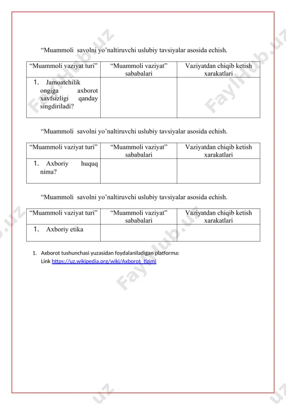 dalaniladigan sayt: link https://api.ziyonet.uz/uploads/books/765358/5afe62da57281.pdf 3. axborot tushunchasi yuzasidan foydalaniladigan youtube sayti: link https://youtu.be/mwxwlz8e7jg?si=cdvcll7c262hkzec image3.png image1.png image2.png