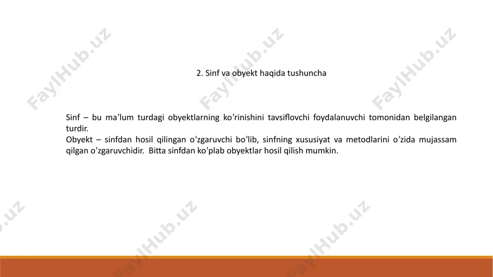 e: double balance; // encapsulated data public: bankaccount(double initialbalance) : balance(initialbalance) {} // accessor method double getbalance() { return balance; } // mutator method void deposit(double amount) { balance += amount; } void withdraw(double amount) { if (balance >= amount) { balance -= amount; } else { cout << "insufficient funds!" <<endl; } } }; misol uchun: int main() { bankaccount account(1000); cout << "initial balance: " << account.getbalance() << endl; account.deposit(500); cout << "balance after deposit: " << account.getbalance() << endl; account.withdraw(200); cout << "balance after withdrawal: " << account.getbalance() << endl; return 0; } inkapsulyatsiya inkapsulyatsiya – sinf a’zolariga ya’ni sinf xususiyat va metodlariga beriladigan murojaat huquqlaridir. boshqacha qilib aytganda enkapsulyatsiya orqali sinf a’zolaridan foydalanishni cheklash mumkin. sinf a’zolariga beriladigan murojaat huquqlari (access modifiers) sinf ichida, sinfdan tashqarida, sinfdan olingan voris sinflar ichida sinf a’zolaridan foydalanishni cheklashi mumkin. kirish modifikatorlari: public: sinf a’zolariga beriladigan public huquqi ushbu sinf …