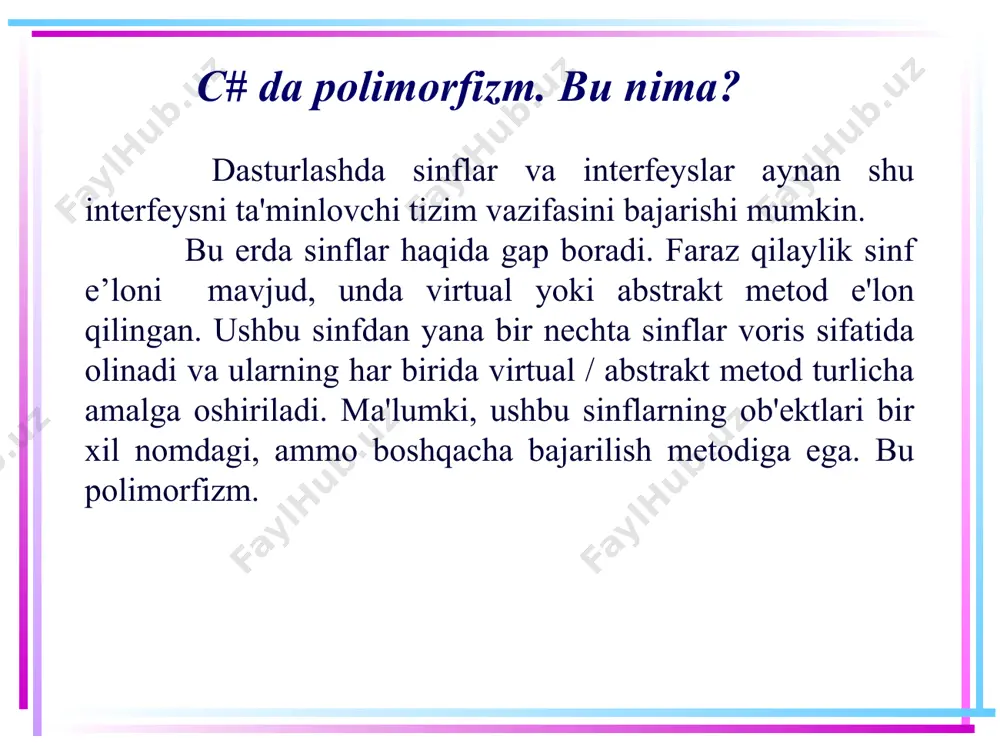 mumkin. bunday holda, ular sealed modifikatori bilan e'lon qilinishi kerak: class employee : person { public string company { get; set; } public employee(string name, string company) : base(name) { company = company; } public override sealed void display() { console.writeline($"{name} {company} da ishlaydi"); } } 16 metodlarni qayta aniqlashni ta’qiqlash sealed modifikatori bilan metodlarni yaratishda, sealed kalit so’zi override kalit so’zi bilan birgalikda ishlatilishini e’tiborga olish kerak, ya'ni faqat qayta aniqlanayotgan metodlarda. va bu holda ham employee sinfidan voris qilib olingan sinfda display metodini qayta aniqlab bo’lmaydi. 17 /docprops/thumbnail.jpeg