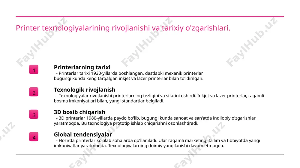interlar, to'g'ridan-to'g'ri lazer yordamida qog'ozga tasvirni ko'chiradi. ular tezligi va sifatida ustunlik ko'rsatadi, lekin narxi yuqoriroq bo'lishi mumkin. tanlovda narx, sifat, tezlik va foydalanish qulayligi muhimdir. har bir printer turi o'ziga xos afzalliklar va kamchiliklarga ega, shuning uchun ehtiyojlarga mos kelishi zarur. 3d printerlar: texnologiya va ishlash prinsipi. 3d printerlar texnologiyasi 3d printerlar, kompyuter yordamida raqamli modellardan foydalanib, qatlamma-qatlam materiallarni qo'shib, uch o'lchovli ob'ektlarni yaratadi. ishlash prinsipi 3d printerlar, asosan, fdm (fused deposition modeling) yoki sla (stereolithography) kabi texnologiyalarni qo'llab, materialni qatlamma-qatlam ishlab chiqaradi. qo'llanilish sohalari 3d printerlar sanoat, tibbiyot va san'atda keng qo'llaniladi, masalan, prototip ishlab chiqarish yoki maxsus implantlar tayyorlashda foydalaniladi. 3d printerlarning sanoat va san'atdagi qo'llanilishi. sanoatda foydalanish 3d printerlar sanoatda prototip yaratish, qismlar ishlab chiqarish va maxsus jihozlar tayyorlash jarayonlarini tezlashtiradi. bu, xarajatlarni kamaytiradi va samaradorlikni oshiradi. san'atda innovatsiya 3d bosib chiqarish san'atkorlarga murakkab dizaynlarni amalga oshirish imkonini beradi. skulpturalar va boshqa san'at asarlarini yaratishda yangi …