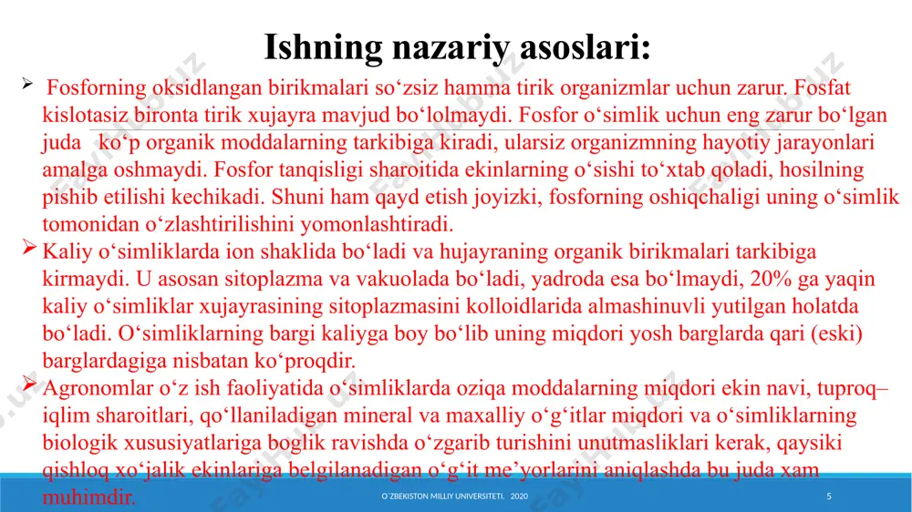 lash printsipi o`zbekiston milliy universiteti, 2020 21 fosfor miqdorini aniqlash fek o`zbekiston milliy universiteti, 2020 22 fosfor miqdorini aniqlash qizil rangli yorug’lik filtri (№7) yordamida kolorimetrlash o`zbekiston milliy universiteti, 2020 23 fosfor miqdorini aniqlash natijalarni yozish o`zbekiston milliy universiteti, 2020 24 kalibr egri chizig’i uchun eritma tayyorlash 0,1917 g (k.t.) kн2рo4 stakanda, distillangan suvda eritiladi va 1 l sig’imli o’lchov kolbasiga o’tkazilib, chizg’igacha suv kuyiladi. o`zbekiston milliy universiteti, 2020 25 standart eritmalar bu eritmadan 25 ml olib, o’lchov kolbasida hajmi 250 ml ga etkaziladi, kaysiki, 0,01 mg /ml р2o5 tutadi. kalibr egri chizig’i uchun ayni eritmadan 50 ml li o’lchov kolbalariga 0,5; 1,0; 1,5; 2,0; 2,5; 3,0, 3,5 va 4,0 ml dan olib, tegishli reaktivlar bilan bo’yaladi va fek da ko’riladi. o`zbekiston milliy universiteti, 2020 26 kalibr egri chizig’i o`zbekiston milliy universiteti, 2020 27 laboratoriya ishlari natijalarini hisoblash fosfor (p2o5) miqdori kuyidagi formula asosida xisoblanadi: x = a • w1 …