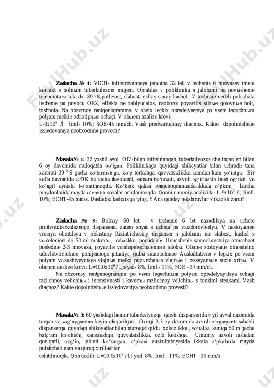 shifokoriga uchradi. umumiy axvoli o‘rta og‘rilikda, tana tuzilishi to‘g‘ri, vazni meyorida, terisi nam, issiq, o‘pkalarni auskultatsiyasi tarqoq quruq xirillashlar. shifokor bemorda surunkali bronxit qo‘zganliganini aniqlab dori belgiladi. bir xaftadan keyin ush bu bemorga uyiga chaqiruv keldi. bemorni axvoli yanada og‘rilshagan, tana xarorati yuqori tovushi pasaygan. bemorga ko‘krak qafasi a’zolarini umumiy rentgenogramma tavsiya qilindi va o‘pka rasmini to‘rsimon deformatsiya fonida ikala o‘pkada total tarqalgan 5-6 mmli konturlari noaniq intensivligi past o‘choqlar aniqlandi, ayrim erda o‘choqlar qo‘shilib infiltrativ fokuslar xosil qilgan. poliklinika shifokori qilgan xatolarini ko‘rsating. ukajite oshibki dopuщennыe vrachom poliklinike. dlya kakoy formы tuberkuleza legkix xarakternы podobnыe rentgenologicheskie izmeneniya? variantы otvetov: a) tuberkuleza vnutrigrudnыx limfaticheskix uzlov (faza obыzvestvleniya); b) miliar tuberkulyozni o‘pka turiga; v) surunkali tarqoq tuberkulezga; g) birlamchi tuberkulyoz kompleksni asoratli kechishiga; d) o‘tkir osti tarqoq tuberkulyozga; zadacha № 3: bolnaya jenщina 20 let, proveden po meditsinskim pokazaniyam abort. cherez 5 dney sostoyanie rezko uxudshilos, rezko povыsilas temperatura do 39 …
