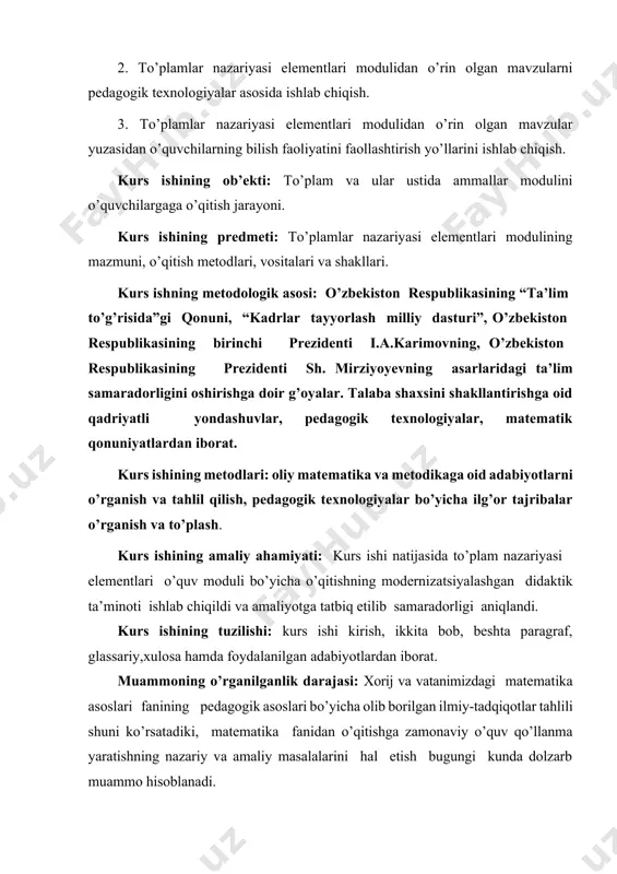 lar o’rganish va to’plash. kurs ishining amaliy ahamiyati: kurs ishi natijasida to’plam nazariyasi elementlari o’quv moduli bo’yicha o’qitishning modernizatsiyalashgan didaktik ta’minoti ishlab chiqildi va amaliyotga tatbiq etilib samaradorligi aniqlandi. kurs ishining tuzilishi: kurs ishi kirish, ikkita bob, beshta paragraf, glassariy,xulosa hamda foydalanilgan adabiyotlardan iborat. muammoning o’rganilganlik darajasi: xorij va vatanimizdagi matematika asoslari fanining pedagogik asoslari bo’yicha olib borilgan ilmiy-tadqiqotlar tahlili shuni ko’rsatadiki, matematika fanidan o’qitishga zamonaviy o’quv qo’llanma yaratishning nazariy va amaliy masalalarini hal etish bugungi kunda dolzarb muammo hisoblanadi. yangilanib, rivojlanib borayotgan matematika fani amaliy hamda ijodiy tafakkurga xos xususiyalarni hisobga olib yaratilgan. dasturni amalga oshirish o’quv rejasida rejalashtirilgan matematika va fizika fanlaridan olingan nazariy va amaliy bilimlarga tayanadi. shu bilan birga olib borilgan loyiha natijalari oliy ta’lim tizimida uzluksiz ta’lim tizimini rivojlantirishda, kadrlar tayyorlashning istiqbolli dasturlarini ishlab chiqishda, ta’limni samaradorligini oshirishni ta’minlaydi. i bob. umum ta`lim maktablarida matematika fanini metodik asoslari 1.1-§. matematika fanini o’qitishning dolzarb muammolari “kadrlar …