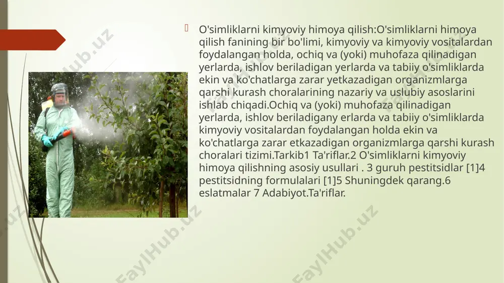 lmagan qismlarida zararkunanda o'limiga olib kelishi yoki begona o't o'simliklarining fiziologik jarayonlarida buzilishlarni keltirib chiqaradigan pestitsid.pestitsid bilan aloqa qilish: ishchi eritma bilan bevosita aloqa qilish orqali zararkunanda uchun zaharli bo'lgan pestitsid.keng spektrli pestitsid: zararkunandalarning ko'p sonli turlariga ta'sir qiluvchi pestitsid. selektiv pestitsid: organizmlarning ayrim turlariga ta'sir qiladigan va boshqalarga salbiy ta'sir ko'rsatmaydigan yoki yo'q pestitsid. ichak pestitsidi: zararli organizm ichakka kirgandan keyin toksik ta'sir ko'rsatadigan pestitsid. fumigant pestitsid: zararkunanda bug 'yoki gaz holatida ta'sir qiluvchi pestitsid.fumigant: zarur bo'lgan harorat va bosimda ma'lum zararkunanda uchun halokatli konsentratsiyasida gaz holatida qolishi mumkin bo'lgan pestitsid.fungitsid: qo'ziqorin kasalliklariga qarshi kurashish uchun ishlatiladigan pestitsid. tizimli fungitsid: o'simlik to'qimalariga kirib, o'simliklarning qon tomir tizimi orqali tarqaladigan qo'ziqorin, ularni ma'lum vaqt davomida qo'ziqorinlar qo'zg'atadigan kasalliklardan himoya qiladi.kontaktli fungitsid: asosan yuqori va o'rta qavat barglarida to'g'ridan-to'g'ri aloqa qiladigan joylarda qo'ziqorin sporu o'limiga olib keladigan qo'ziqorin.insektitsid: hasharotlarga qarshi kurashishda ishlatiladigan pestitsid.tizimli insektitsid: o'simlikka havo qismi yoki ildiz tizimi orqali …
