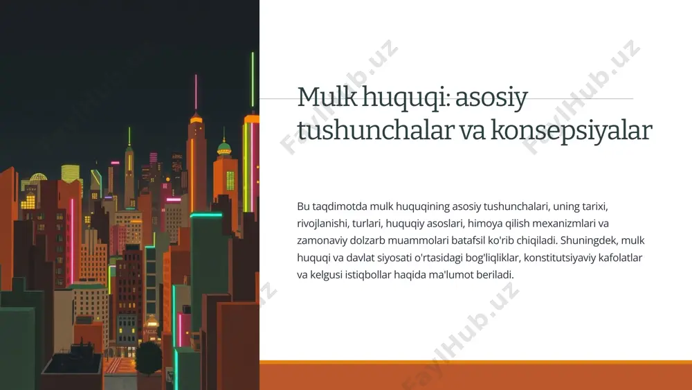 i konstitutsiyaviy huquqlar konstitutsiyaviy huquqlar mulk huquqini kafolatlaydi. konstitutsiyada mulk huquqiga oid aniq qoidalar va normalar belgilangan. misol uchun, o'zbekiston respublikasi konstitutsiyasining 21-moddasida "har bir shaxs mulk huquqiga ega. mulk daxlsizdir. mulkni majburiy ravishda olish qonun bilan belgilangan hollarda, to'liq va o'z vaqtida to'lov evaziga mumkin" deb ko'rsatilgan. qonunlar va qonunchilik hujjatlari mulk huquqi bilan bog'liq turli qonunlar va qonunchilik hujjatlari mavjud. bu hujjatlar mulk huquqining turlari, egasi, tasarruf etish tartiblari, himoya qilish usullari va boshqa muhim jihatlarni tartibga soladi. sud amaliyoti sud amaliyoti mulk huquqi bilan bog'liq nizolarni hal qilishda muhim rol o'ynaydi. sudlar mulk huquqi bilan bog'liq da'volarni ko'rib chiqadi, mulk huquqining buzilishi holatlarini aniqlaydi va tegishli qarorlar chiqaradi. 5 mulk huquqi va davlat siyosati iqtisodiy siyosat mulk huquqi iqtisodiy o'sish va taraqqiyotga hissa qo'shadi. davlat mulk huquqini mustahkamlash orqali tadbirkorlik faolligini rag'batlantiradi, investitsiyalarni jalb qiladi, ish o'rinlari yaratadi va iqtisodiy rivojlanishni tezlashtiradi. ijtimoiy siyosat mulk huquqi ijtimoiy …
