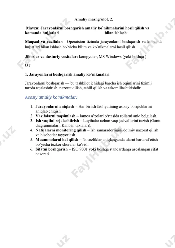 ws’da fayllar bilan ishlash (grafik usulda) asosiy amallar: amal tugma / yo‘l fayl yaratish o‘ng tugma → new → text document fayl nomini o‘zgartirish fayl ustida o‘ng tugma → rename faylni ko‘chirish cut (ctrl+x) → paste (ctrl+v) nusxa olish copy (ctrl+c) → paste (ctrl+v) o‘chirish delete tugmasi yoki o‘ng tugma → delete qidirish file explorer’da "search" paneli windows'ning “проводник” fayl menejeri oynasi bilan ishlash uchun tezkor klaviatura birikmalari (https://telegra.ph/file/851835624f19d5452f29f.png)📝 • * — tanlangan papka tarkibiga kiruvchi barcha papkalarni ko‘rsatish; • + — tanlangan papkaning tarkibini ko‘rsatish (раскрыть содержимое); • - — tanlangan papkaning tarkibini berkitish (скрыть содержимое); • alt + d — manzil satrini tanlash; • alt + p — ko‘rish sohasini ko‘rsatish / berkitish; • alt + enter — tanlangan elementning xususiyatlari (свойства) oynasini chaqirish; • alt + ↑ — asosiy papkaga qaytish; • alt + → (alt + ←) — oldingi / keyingi papkaga o‘tish; • backspace — …