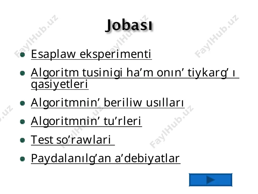 ’ tu’rlerinin’) orınlay alıwı mu’mkin bolg’an ko’rsetpeler yaki buyrıqlar ortalıg’ı bar, ol orınlawshının’ ko’rsetpeler sisteması delınedi. demek, orınlawshı ushın berilip atırg’an ha’r bir ko’rsetpe orınlawshının’ ko’rsetpeler sistemasına tiyisli bolıwı kerek. orınlawshıg’a berilip atırg’an ko’rsetpeler anıq mazmunda bolıwı za’ru’r. sebebi ko’rsetpedegi anıqsızlıq mo’lsherdegi maqsetke erisiwge alıp kelmeydi. usı qa’siyeti berilgen algoritmnin’ baslang’ish mag’lıwmatlarınin’ ruxsat etilgen iqtıyarıy ma’nislerine an’latadı. basqasha aytqanda, algoritm qandayda bir klassqa tiyisli ma’selelerdi sheshiwge arnalg’an bolıwı ha’m baslang’ish mag’lıwmatlardın’ o’zgertiw arqalı usı klassqa tiyisli turli ma’selelerdi sheshe alıwi kerek. ha’r bir algoritm shekli sandag’ı adımlardan son’ a’lbette natiyje beriwi sha’rt. eger ko’rilip atırg’an protsess sheksiz dawam etip natiyje bermese, onı algoritm dep atay almaymız. algoritmnin’ sozler ja’rdeminde an’latiliwi algoritmnin’ formulalar menen beriliwi algoritmnin’ grafik(blok-sxema) turde beriliwi algoritmnin’ tablitsa korinisinde beriliwi algoritmnin’ programma korinisinde beriliwi oval (ellips forma), ol algoritmnin’ baslaniwi yamasa tamamlaniwin belgileydi. tuwrimu’eshlilik,ma’nis beriw yamasa korsetpeni orinlaw protsesin belgileydi. parallelogramm, mag’liwmatlardi kiritiw yamasa shig’ariw altimu’eshlilik, qaytalaniw operatorin …
