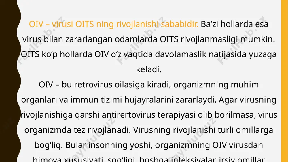 sodir bo‘lishi mumkin. onadan bolaga – oiv bilan zararlangan ayoli farzandiga oiv virusi bilan tug‘ruq davomida, homiladorlikda, ko‘krak suti bilan oziqlantirish paytida yuqtirishi mumkin. qon orqali – bu yo‘l orqali yuqish rivojlangan mamlakatlarda qon quyish jarayonida ko‘proq sodir bo‘ladi. bu holatda tomir ichiga yuboriladigan narkotik shprislarini o‘zgartirmasdan yoki zararlangan shpirslar orqali yuborilganda zararlanish kuzatiladi. agar inson davolanmasa, oiv immun tizimining infeksiyalarga qarshi kurash qobilyatini butunlay to‘xtatadi. inson jiddiy kasalliklarga uchraydi. bu bosqich oits holatidir. simptomlari ko‘z oldi xiralashishi; doimiy ich ketishi; quruq yo‘tal; haroratning hafta davomida 37 darajadan yuqori bo‘lishi; tungi vaqtda ko‘p terlash; doimiy charchoq; nafas qisishi; bezlar kattalashuvi; tezda vazn yo‘qotilishi; og‘iz bo‘shlig‘ida va tilda oq dog‘lar. kasallik virusi infeksiya yuqqan odamning qonida, erkaklar shahvatida, ayollarning jinsiy aʼzolari chiqindilarida va koʻkrak sutida boʻladi. shuning uchun oitv, asosan, uch xil yoʻl bilan yuqadi: qon orqali, jinsiy aloqa vositasida va infeksiya yuqqan onadan homilasiga vertikal yoʻl bilan oʻtadi. oits bilan …