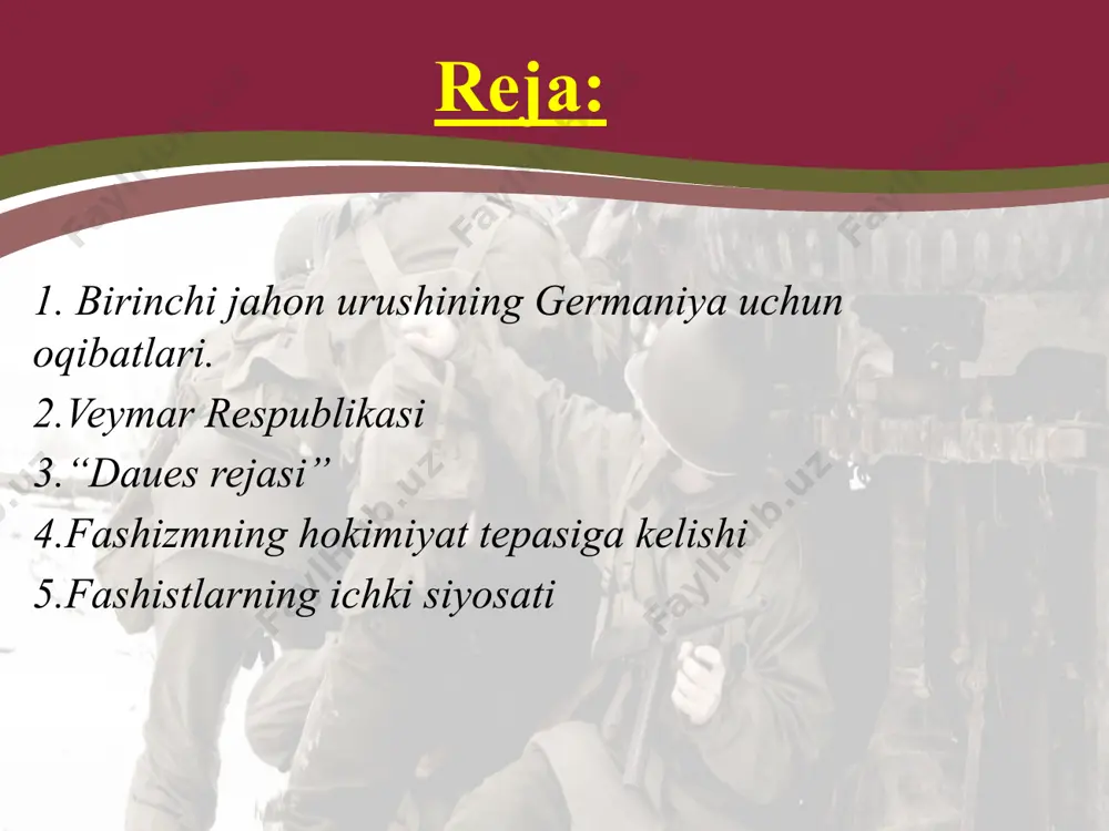 maniyada eng ommaviy va nufuzli partiya germaniya sotsial-demokratik partiyasi (gsdp) edi. biroq bu partiyada hech qachon yagona birlik bo'lmagan. partiya amalda o'nglar, markazchilar va so'llar deb atalgan 3 oqimga bo'lingan edi. o'ng oqim (yirik namoyandalari f. ebert, sheydeman, bernshteyn, noskelar)ning maqsadi burjua tartiblarini saqlab qolish, islohotlar o'tkazib, aholini ijtimoiy himoya qilish va mamlakatda parlament respublikasini to'la qaror toptirish edi. so'llar esa (yirik namoyandalari k. libknext va r. lyuksemburg) monarxiyaga inqilobiy yo'l bilan to'la barham berish, rossiyadagidek sotsialistik jamiyat qurish uchun kurashdilar. so'llar «spartakchilar» degan guruhga birlashganlar. keyinchalik shu guruh asosida germaniya kommunistik partiyasi tuzildi. markazchilar (yirik namoyandalari k. kautskiy va gaaze) 1917-yilning bahorida germaniya mustaqil sotsial-demokratik partiyasini tuzdilar va partiya vakillari ebert hukumati tarkibiga kirdilar. «spartakchilar» 1918-yilning 30-dekabrida germaniya kommunistik partiyasini tuzdilar. 5-yanvarda berlinda ishchilarning stixiyali qurolli chiqishi ro'y berdi. ularning maqsadi ebert hukumatini ag'darish edi. bu chiqish 12-yanvar kuni hukumat tomonidan bostirildi. 15-yanvarda esa k. libknext va r. lyuksemburglar …