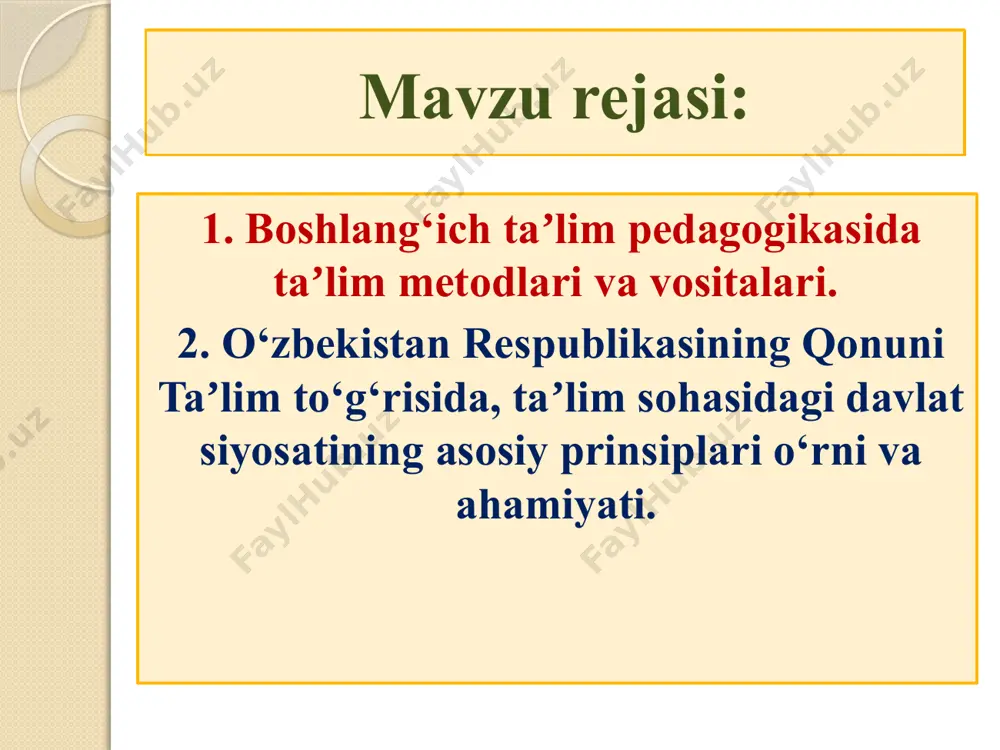 jada har bir fanni o‘ qitish texnologiyasi yuzaga keladi. lokal daraja (mikro). mazkur darajaga tegishli texnologiyalar o‘quv-tarbiya jarayonining ma’lum tarkibiy qismi, alohida shaxs sifatlarini shakllantirish, maxsus o‘quv ko‘nikma va malakalarini tarkib toptirishga xizmat qiladi. masalan, o‘quvchilarning mantiqiy fikrlashini shakllantirish texnologiyasi, o‘quvchilarning aqliy qobiliyatini rivojlantirish texnologiyasi va boshqalar. metodika - qat’iy ketma-ketlikka (algoritmik xarakterga), ilgari o‘rnatilgan reja (qoida), tizimga aniq rioya qilish bo‘lib, biror bir ishni maqsadga muvofiq o‘tkazish metodlari, yo‘llari majmuasi. “metodika” tushunchasi turli fanlarni o‘qitish bilan ham bog‘ liqlikda qo‘llanilib, ma’lum sohani o‘qitish jarayoni, mazmuni, qonuniyatlari, tamoyillari, shakl, metod va vositalari yig‘indisini o‘zida ifoda etadi. 2.zamonaviy didaktikada ta’lim metodlari tasnifiga turlicha yondashuvlar. didaktik tadqiqotlar ko‘rsatadiki, ta’lim metodlari nomenklaturasi (nomlanishi) va tasnifi ularni ishlab chiqishda tanlangan yondashuvga bog‘liq holda juda xilma-xil ekanligi bilan xarakterli. ulardan eng muhimlariga to‘xtalamiz. ta’lim metodlari tasnifi: an’anaviy (manbasiga ko‘ra) ta’lim o‘quvchilarning bilish faoliyati tavsifiga ko‘ra ta’lim metodlari tasnifi didaktik maqsadlariga ko‘ra ta’lim metodlari tasnifi yangi …