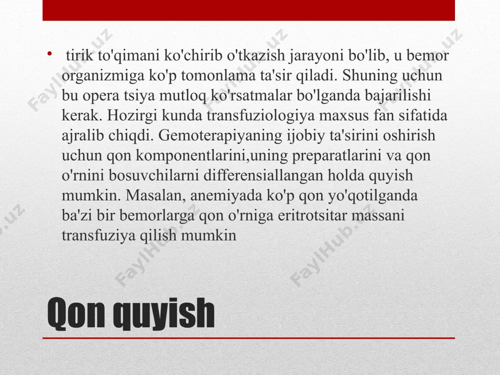iga mos bo'lgan ikki seriyali standart izogemagglyutinatsiya zardobi tomchilari (0,05 ml hajmda) tomiziladi. likopchaning quyi yarmiga esa bir tomchidan uchta joyga standart eritrotsitlar 3 qator tomiziladi. so'ngra standart zardoblar yoniga tekshirilayotgan qon eritrotsitlarining kichik tomchisi (0,05 ml) tomiziladi, shuningdek, tekshirilayotgan qonning zardoblari yoniga esa standart eritrotsitlarning kichik tomchisi tomiziladi, chap tomoniga 0(1) guruh eritrotsitlari, o'rtaga a(ii) va o'ngga b(iii). shundan so'ng ayrim shisha bilan eritrotsitlar va zardoblar (1;10 hajmda) aralashtiriladi, vaqti-vaqti bilan plastinka sekin chayqatib turiladi. tomchilarda agglyutinatsiya hosil bo'lishi bilan "(3 daqiqa o'tgach) bir tomchidan har bir aralashmaga pipetka orqali natriy xloridning izotonik eritmasi tomizilib yana chayqatiladi. shu vaqt davomida agglyutinatsiya yuzaga kelishi mumkin, ya'ni qon guruhlarini aniqlash imkoniyatini beruvchi eritrotsitlar yig'indisi hosil bo'ladi. standart izogemagglyuttnatsiya zardoblari standart zardoblar donor qonidan tayyorlanadi va qon guruhlarini aniqlash uchun ishlatiladi. qon standart zardoblarini tamg'alash uchun a(ii) guruh ko'k, b(iii) guruh qizil va ab(iv) qon zardobi sariq rangga bo'yaladi. 0(1) guruh zardobi …