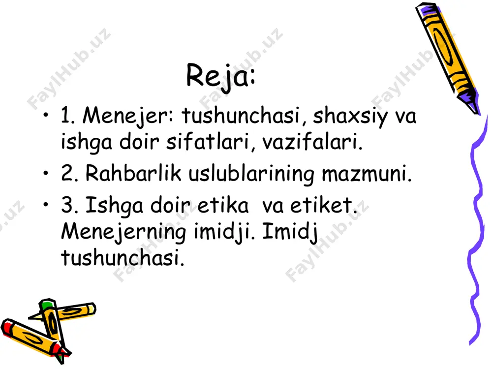 a va etiket. menejerning imidji. imidj tushunchasi. rahbarlik fazilatlari to‘g‘risidagi gippokrat fikrlari: “sangviniklar”, “flegmatiklar”, “xoleriklar”, “melanxoliklar”.rahbarga quyiladigan talablar. fazilat-bu ijobiy xislat, yaxshi sifat yoki xususiyatdir. kishilarda fazilatlarning turlicha bo‘lishi hamda har xil xulq- atvorlar insonning badanida aylanib yuradigan suyuq moddalarga ko‘p jihatdan bog‘liq ekanligi tajribada kuzatilgan. sangvinik singviniklar tuyg‘u (jo‘shqin) xususiyatlari bilan ajralib turadi. ular: yangi kishilar bilan tez til topishadigan; bir ish turidan ikkinchi ish turiga tezda ko‘niqadigan;bir turda bajariladigan ishlarni yoqtirmaidigan;yangi sharoitga osonlik bilan o‘rganadigan;xushchaqchaq;harakatlari shiddatli;nutqi tez;kelajakka ishonch bilan qaraydigan;so‘zini aniq va ma’noli qilib, imo ishoralar bilan gapradigan kishilardir. flegmatiklar chidamliligi, matonati, o‘zini tuta bilishi bilan ajralib turadi. gippokratning fikricha, agar kishi tanasida za’faron safro ustun tursa, bunday kishi tezkor, qa’tiy-harakatchan bo‘ladi. bu toifa kishilarni gippokrat xoleriklar (qoni qiziq kishilar) deb atagan. qadimgi yunonchada safroni “xoley” deyishgan. xolerik xoleriklar – ko‘tarinki ruhda ishlay oladigan, qarshiliklarni enga oladigan kishilar bo‘lib, ularning ishlash zavqi kayfiyatining bo‘zilishi bilanoq tez o‘zgarishi mumkin. …