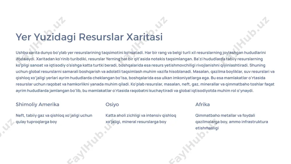 suv resurslari – hayotning asosiy sharti o'rmon resurslari – kislorod ishlab chiqaruvchi biologik xilma-xillik – genetik boylik qayta tiklanmaydigan resurslar foydali qazilmalar – geologik jarayonlar mahsuli neft va gaz – energiya manbai rudalar – sanoat xom ashyosi qimmatbaho metallar – texnologik materiallar muhim eslatma: tuproq eng muhim va nozik resurs hisoblanadi, chunki uning hosil bo'lishi minglab yillarni talab qiladi, ammo yo'qotilishi bir necha yil ichida sodir bo'lishi mumkin. dunyo bo'yicha yer resurslarining ta'qsimoti 1t neft zahiralari barrel miqdorida, asosan rivojlanayotgan mamlakatlarda to'plangan 168t tabiiy gaz trillion kub metr hajmda, 77% rivojlanayotgan davlatlarda joylashgan 85% notekis taqsimot dunyo resurslarining katta qismi bir necha mamlakatda jamlangan yer resurslarining notekis taqsimoti dunyoda iqtisodiy va siyosiy kuchlanishlarning asosiy sabablaridan biridir. bu holat xalqaro hamkorlik va barqaror rivojlanish strategiyalarini ishlab chiqishni talab qiladi. resurslar bo'yicha tengsiz taqsimot, ayniqsa energiya xavfsizligi va narxlarning o'zgarishiga ta'sir ko'rsatadi, bu esa global iqtisodiyotga bevosita ta'sir etadi. shuning uchun mamlakatlar …