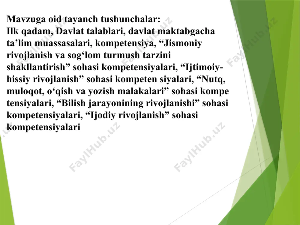 foydalanishi. o‘quvtarbiyaviy faoliyat uchun asos hiso ijtimoiy kompetensiya – hayotiy vaziyatlarda kattalar va tengdoshlar bilan muloqotda axloq qoidalari va me’yorlariga rioya qilgan holda o‘zini tutish mahorati. bilish kompetensiyasi – atrofdagi olamni ongli ravishda idrok qilish va olingan bilim, ko‘nikma, malaka va qadriyatlardan o‘quv va amaliy vazifalarni hal qilish uchun foydalanish. “jismoniy rivojlanish va sog‘lom turmush tarzining shakllanishi” sohasidagi o‘quv-tarbiyaviy faoliyat yakunlanganidan so‘ng 6-7 yoshli bola: –o‘z imkoniyatlari va yoshi bilan bog‘liq jismoniy rivojlanish me’yorlariga mos ravishda jismoniy faollik ko‘rsatadi; – turli harakatchanlik faolligini uyg‘un ravishda va maqsadli bajarishni biladi; – turli hayotiy va o‘quv vaziyatlarida mayda motorika ko‘nikmalaridan foydalanadi; – o‘z harakatlarini hissiyot va sezgi organlari yordamida boshqaradi; – shaxsiy gigiyena malakalarini qo‘llaydi; – sog‘lom turmush tarzi va ovqatlanish asoslarini biladi; – xavfsiz hayotiy faoliyat asoslari qoidalariga rioya qiladi “jismoniy rivojlanish va sog‘lom turmush tarzini shakllantirish” sohasi kompetensiyalari. “ijtimoiy-hissiy rivojlanish” sohasi kompetensiyalari. “ijtimoiy-emotsional rivojlanish” sohasidagi o‘quv-tarbiyaviy faoliyat yakuniga yetganidan so‘ng …