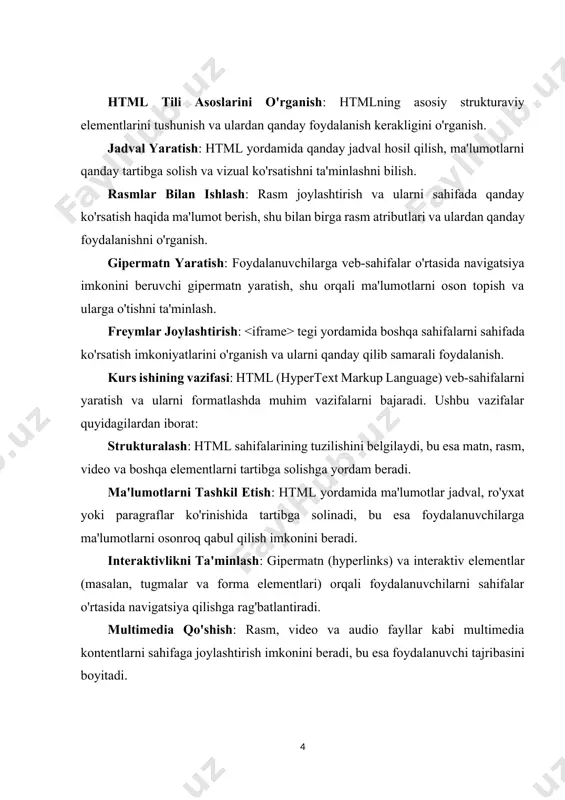 ayta ishlash va stil berish: html elementlari css (cascading style sheets) yordamida bezatilishi mumkin, bu esa sahifaning ko'rinishini va dizaynini o'zgartirish imkonini beradi. freymlar va integratsiya: tegi yordamida boshqa veb-sahifalarni yoki resurslarni bir sahifada ko'rsatish imkonini beradi, bu esa kontentni integratsiya qilishda foydalidir. i.bob. html tili, uning asosiy elementlari 1.1. html tili. html (inglizcha: hypertext markup language — hipermatnli belgilash tili) — sgml (inglizcha: standard generalized markup language — standart umumlashtirilgan belgilash tili) ga asoslangan va xalqaro iso 8879 standartiga mos keluvchi til, xalqaro turda ishlatiladi. html tili taxminan 1991—1992-yillarda yevropa yadroviy tadqiqotlar markazida ishlovchi britaniyalik mutaxassis tim berners-lee tomonidan ishlab chiqilgan. dastlab bu til mutaxassislar uchun hujjat tayyorlash vositasi sifatida yaratilgan. html tilining soddaligi (sgmlga nisbatan) va yuqori formatlash imkoniyatlarining mavjudligi uni foydalanuvchilar orasida tez tarqalishiga sabab boʻldi. bundan tashqari unda hipermatnlardan foydalanish mumkin edi. tilning rivojlanishi bilan unga qo'shimcha multimedia (tasvir, tovush, animatsiya va boshqalar) imkoniyatlari qo'shildi. bu …